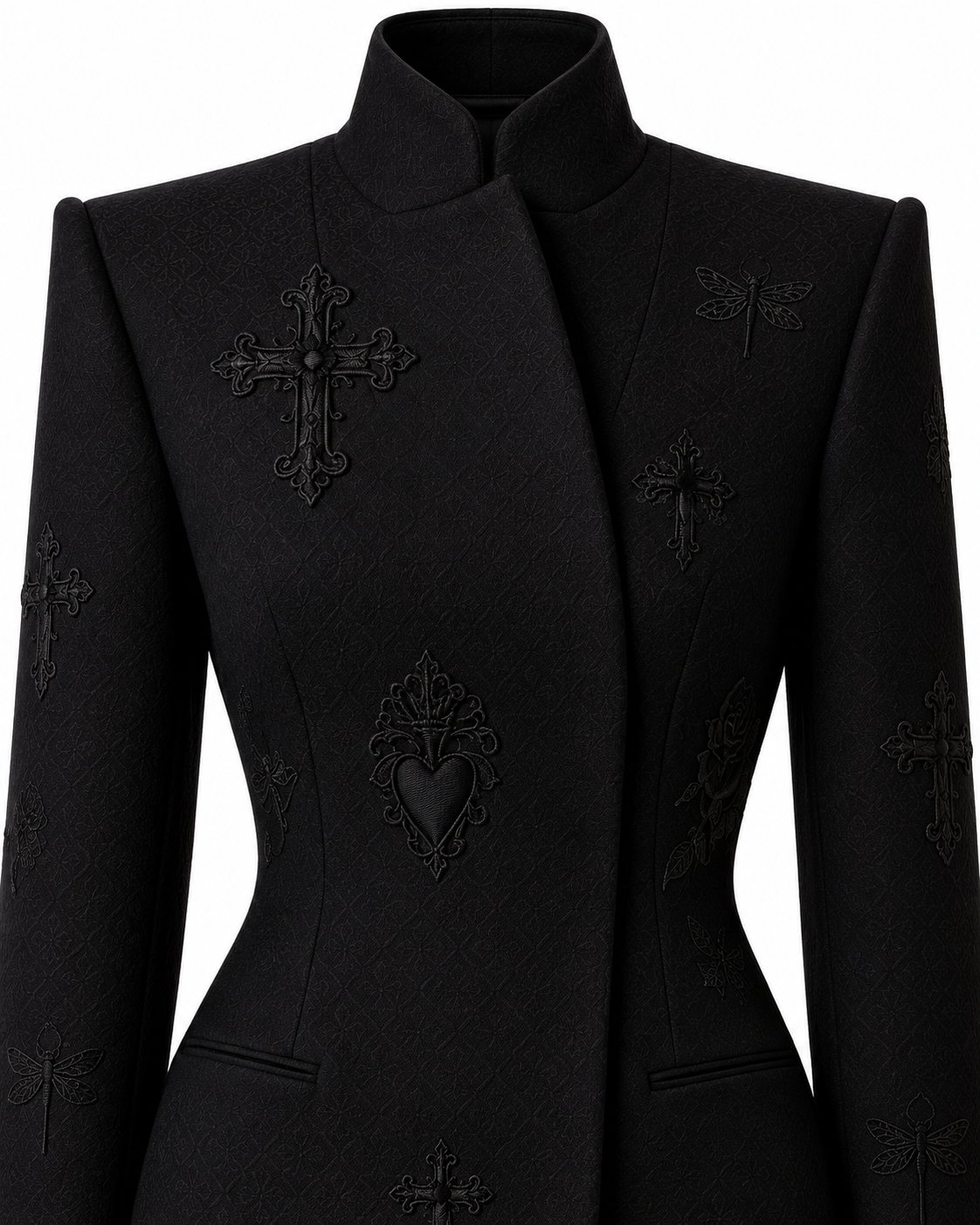 Close-up of the black long coat’s high collar and tonal embroidery.