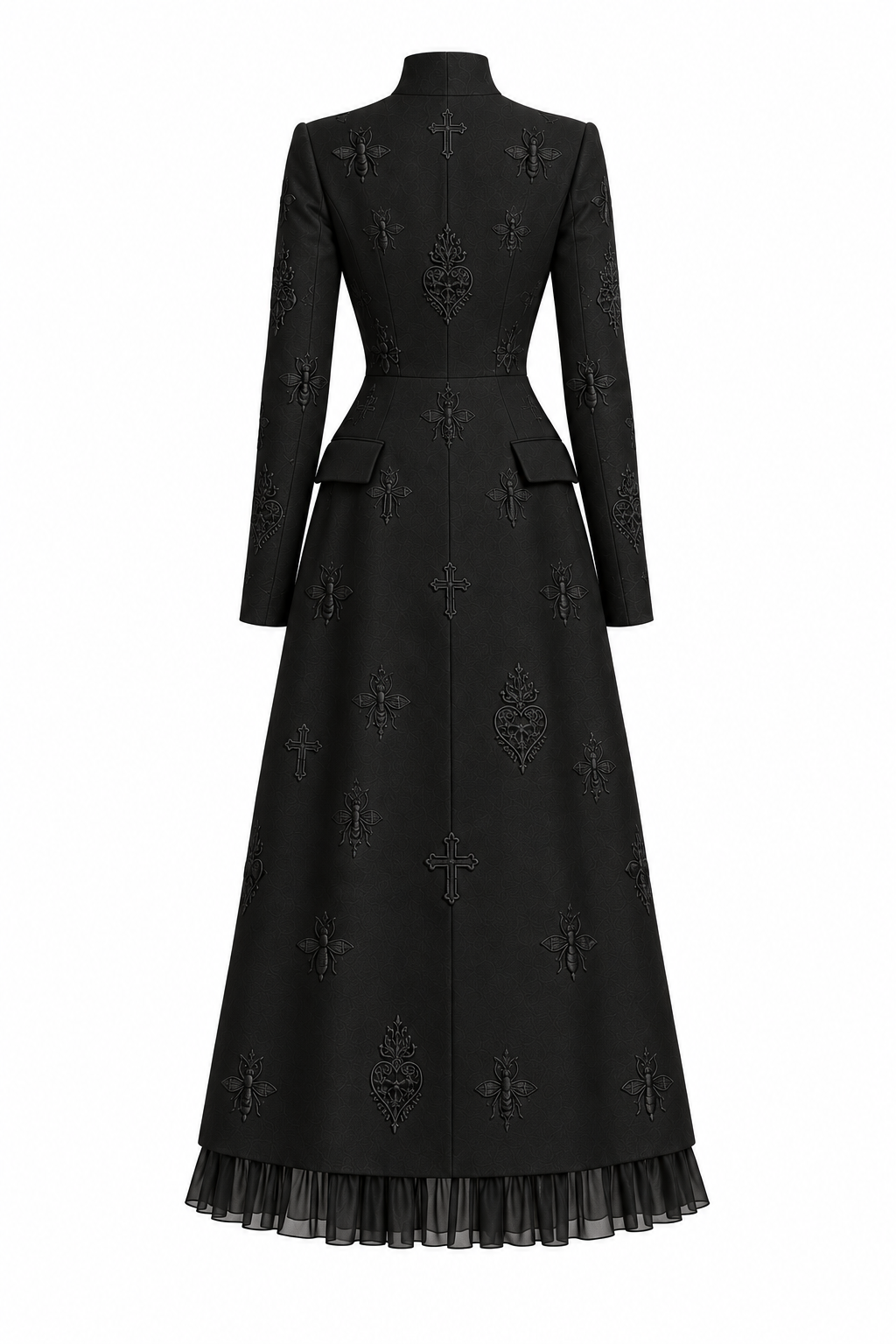 LIGNES D’OMBRE High-Collar Embroidered Ruffle-Hem Midi Dress in Black, back ghost-mannequin view showing the shaped waist, tonal embroidery and chiffon ruffle hem.