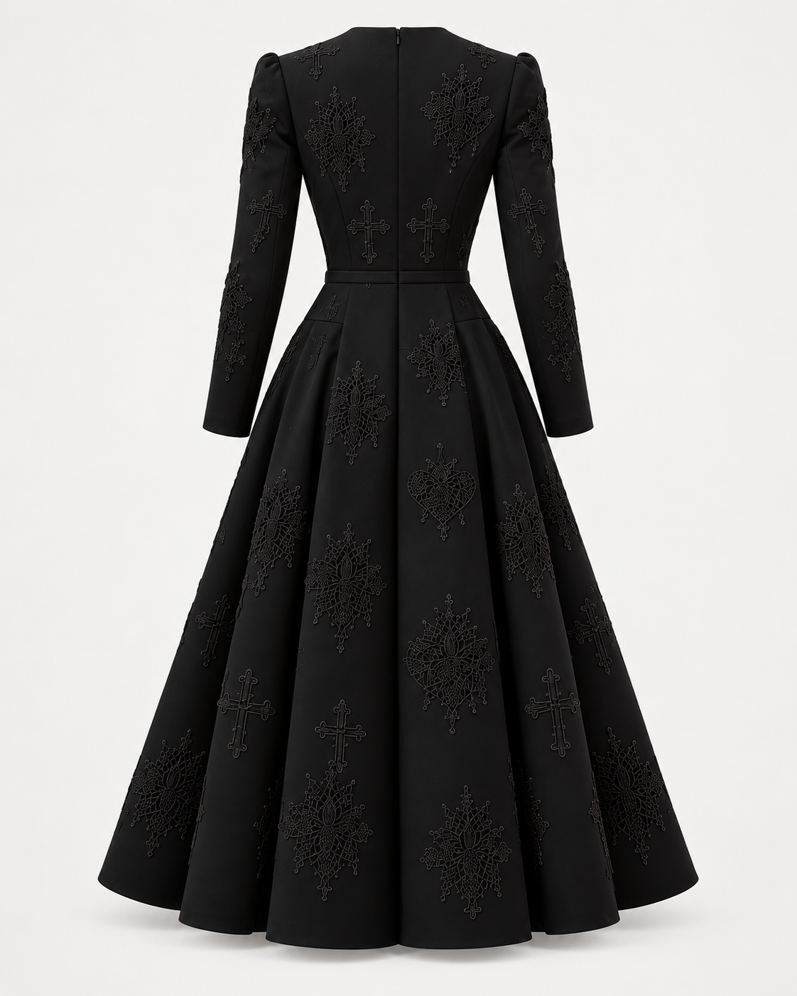 LIGNES D’OMBRE V-Neck Embroidered Full-Skirt Dress in Black, back ghost-mannequin view showing the back neckline, long sleeves, waist seam and full embroidered skirt.