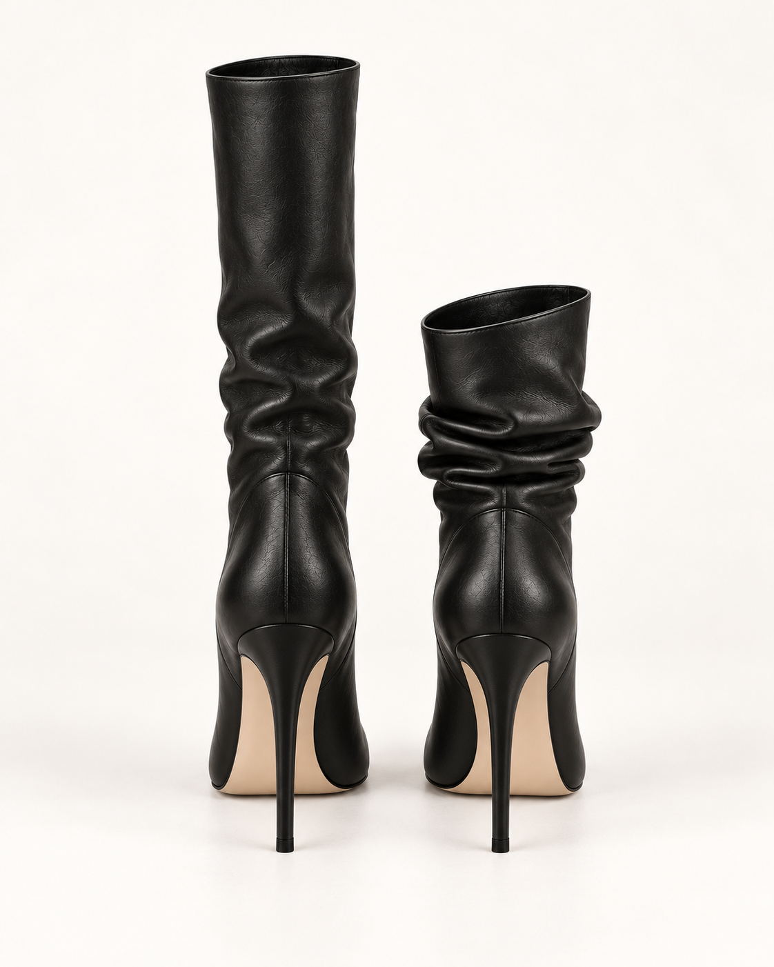 PLIS D’OMBRE black Adjustable-Shaft Boots, back view showing slender heels and independently adjusted shafts at different heights.