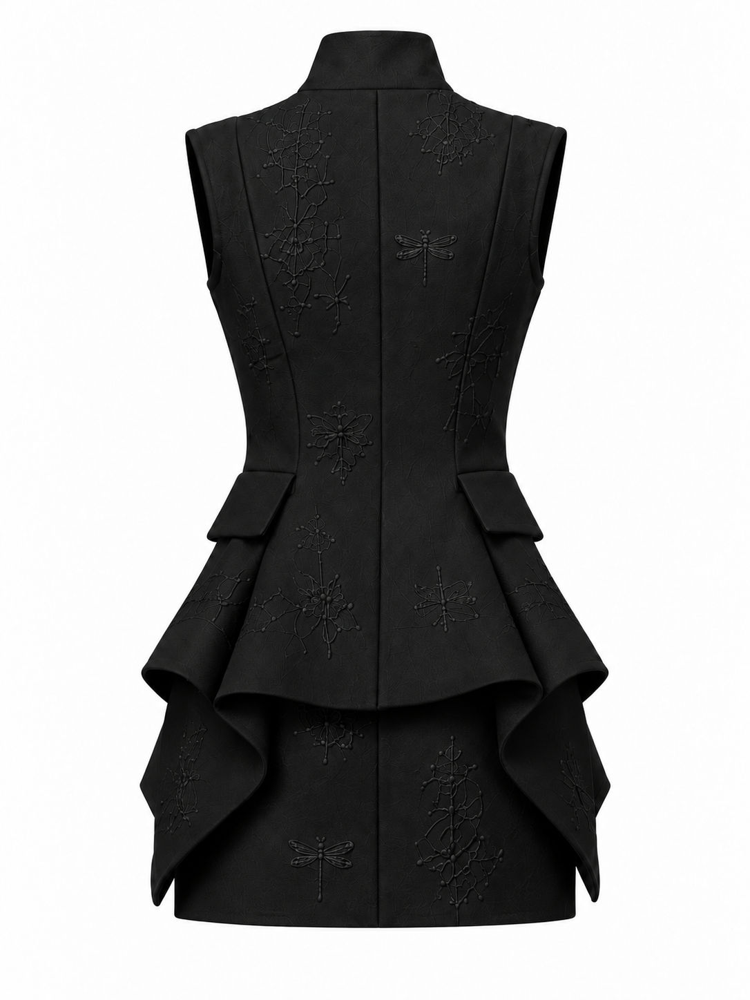 PLIS D’OMBRE Tailored Embroidered Mini Dress in Black, back ghost-mannequin view showing the sleeveless bodice, gently shaped waist, sculpted peplum and tonal embroidery.