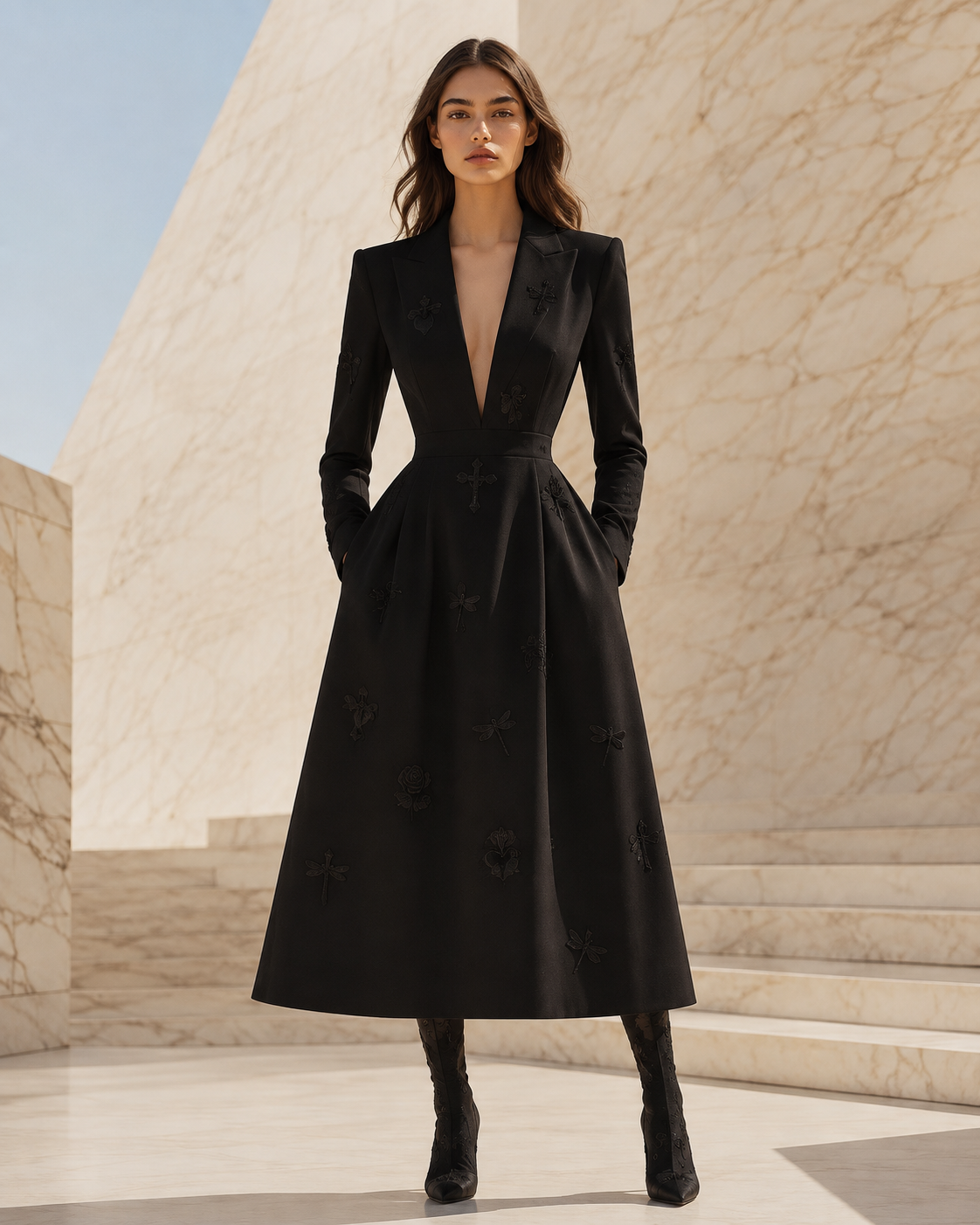 LIGNES D’OMBRE embroidered black A-line dress with tailored lapels, long sleeves and a full midi skirt.