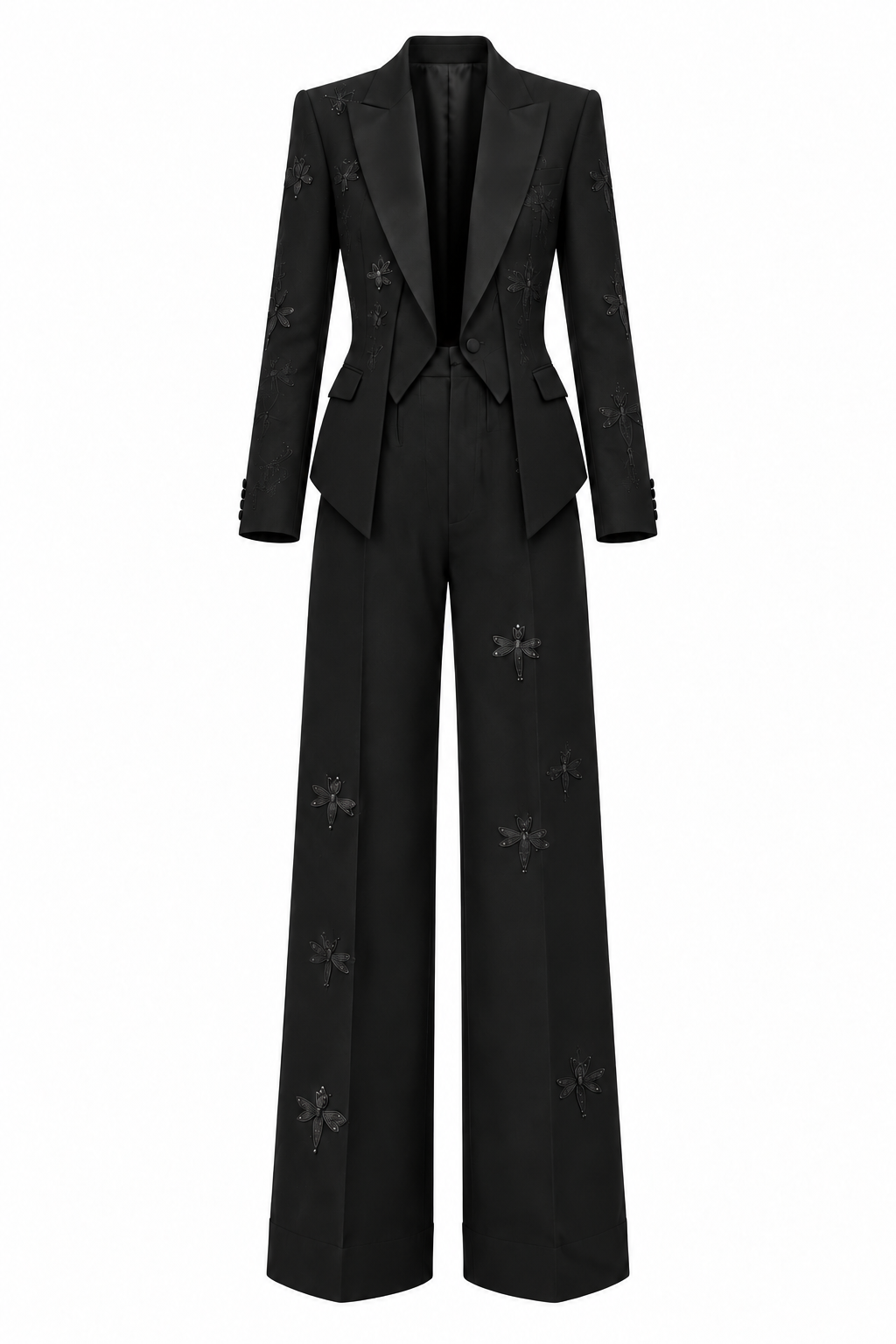 Front ghost-mannequin view of the black tuxedo suit, showing the elongated embroidered outer waistcoat.