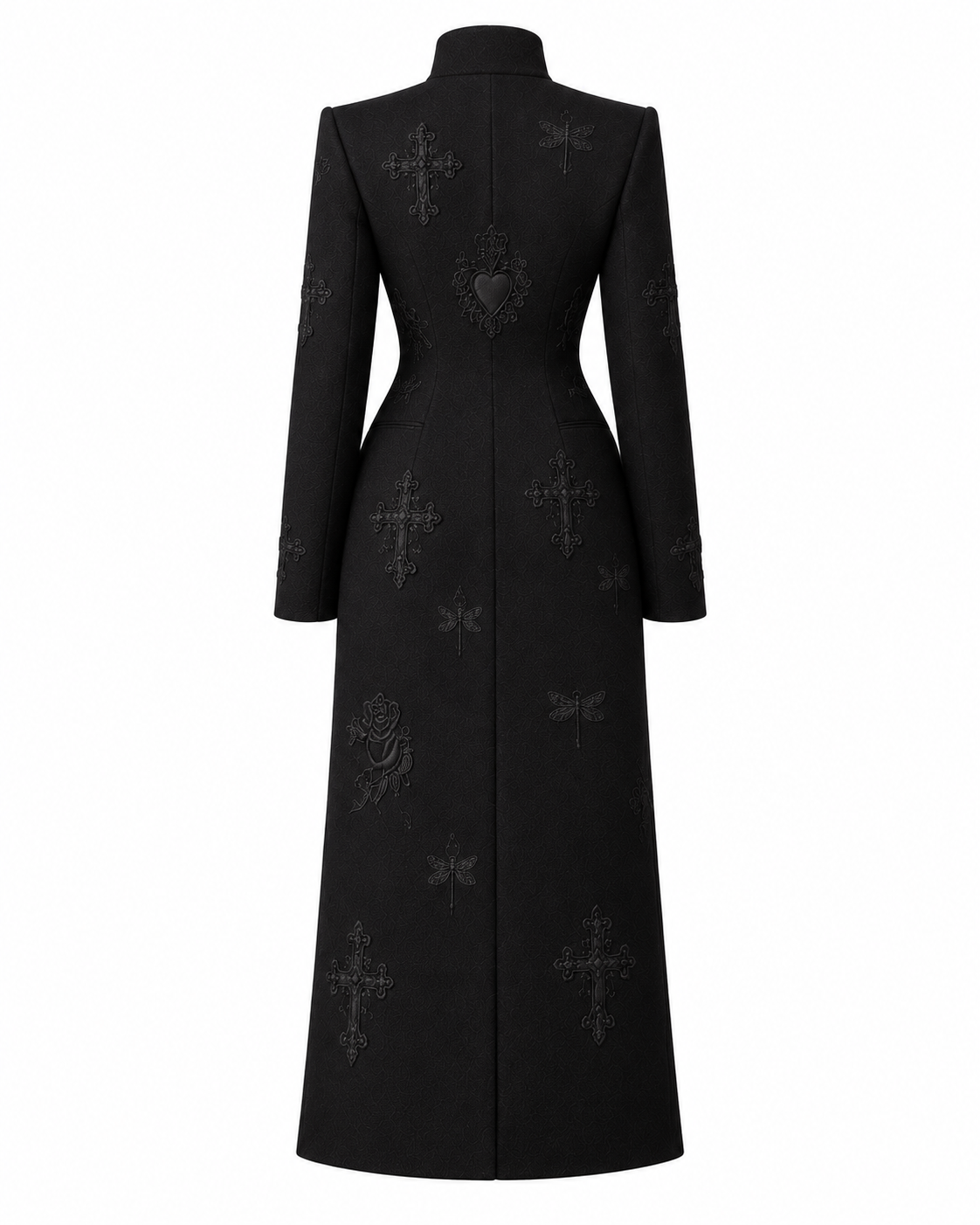 Back ghost-mannequin view of the black long coat, showing its straight silhouette and tonal embroidery.