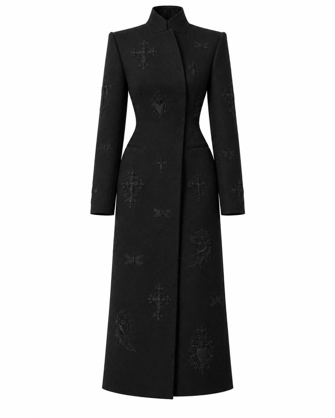 Front ghost-mannequin view of the black long coat, showing the high collar, structured shoulders and straight cut.
