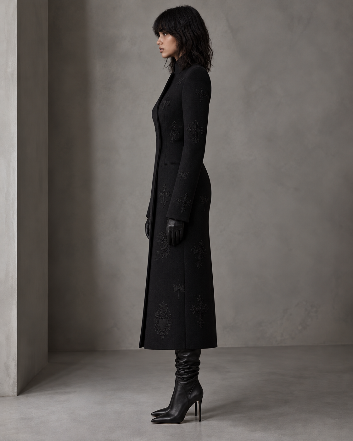 LIGNES D’OMBRE Embroidered Straight-Cut Long Coat in black, full-length editorial front view.
