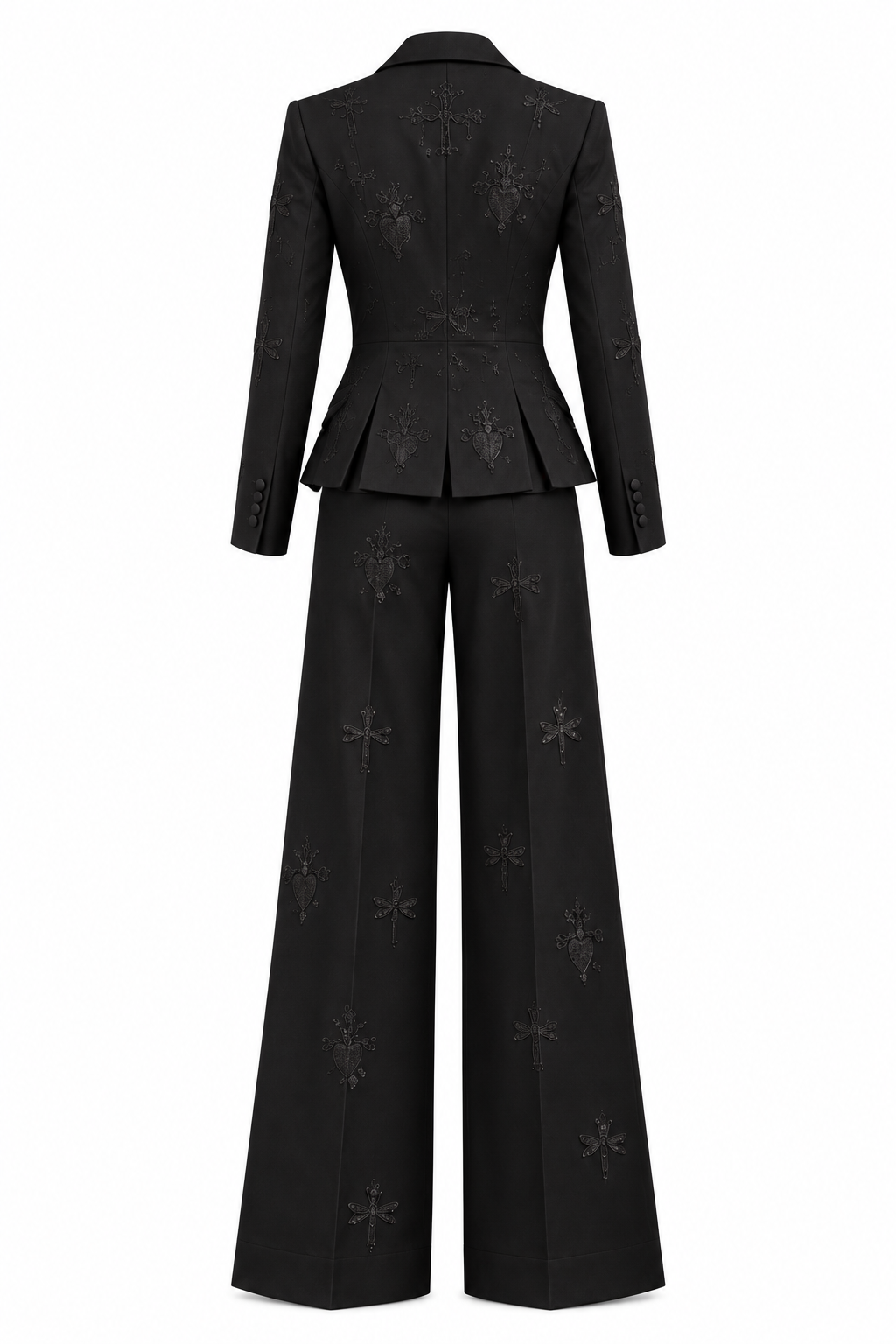 Back ghost-mannequin view of the black embroidered jacket and wide-leg trousers.