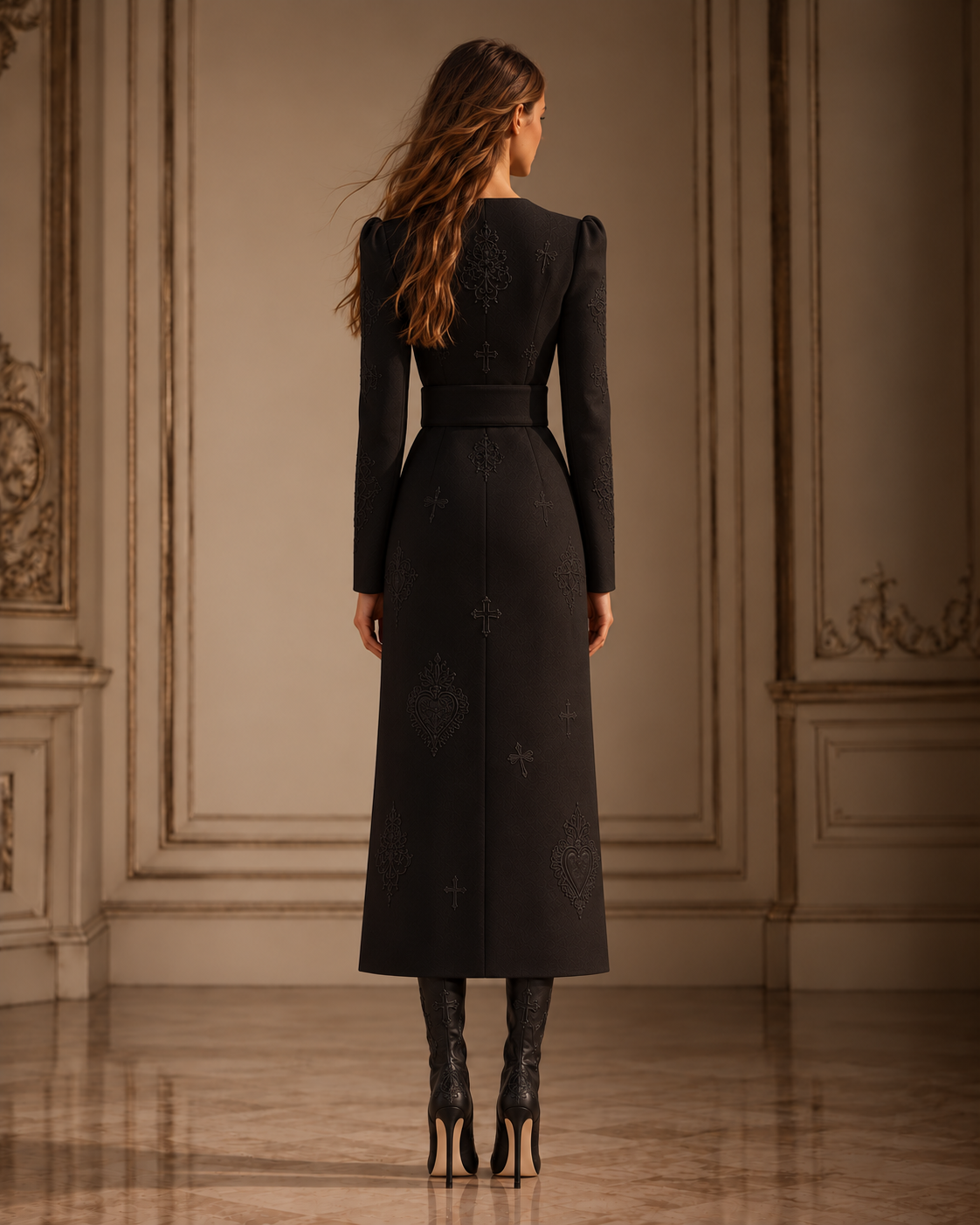 Back view of the black belted embroidered midi dress on a model, showing gathered shoulders and tonal motifs.