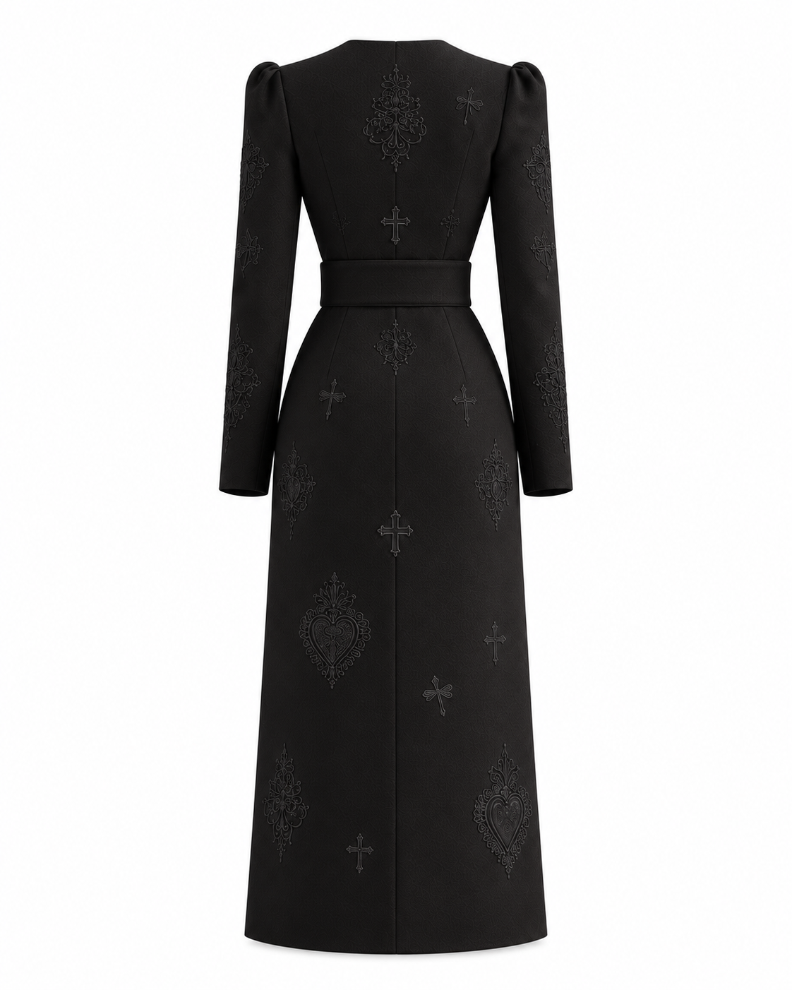 Back ghost-mannequin view of the black belted embroidered midi dress, showing the long sleeves, wide belt and tonal skirt embroidery.