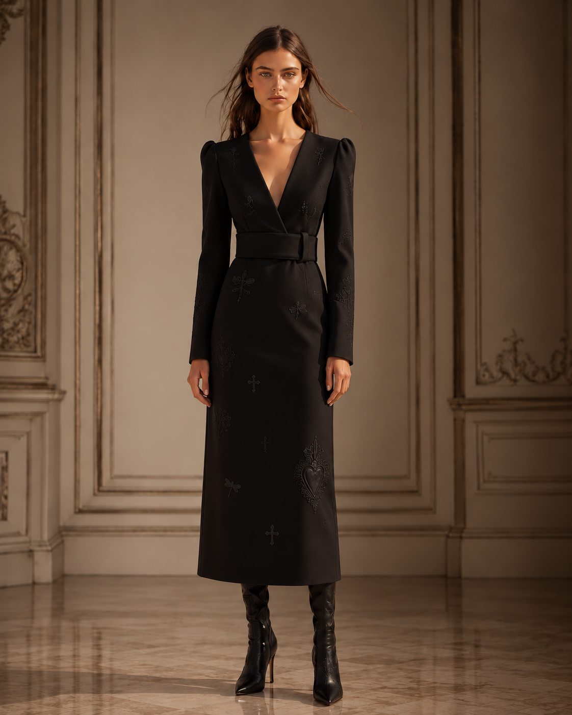 Front view of the black LIGNES D’OMBRE Belted Embroidered Midi Dress, showing the V neckline, gathered shoulders and wide buckled belt.