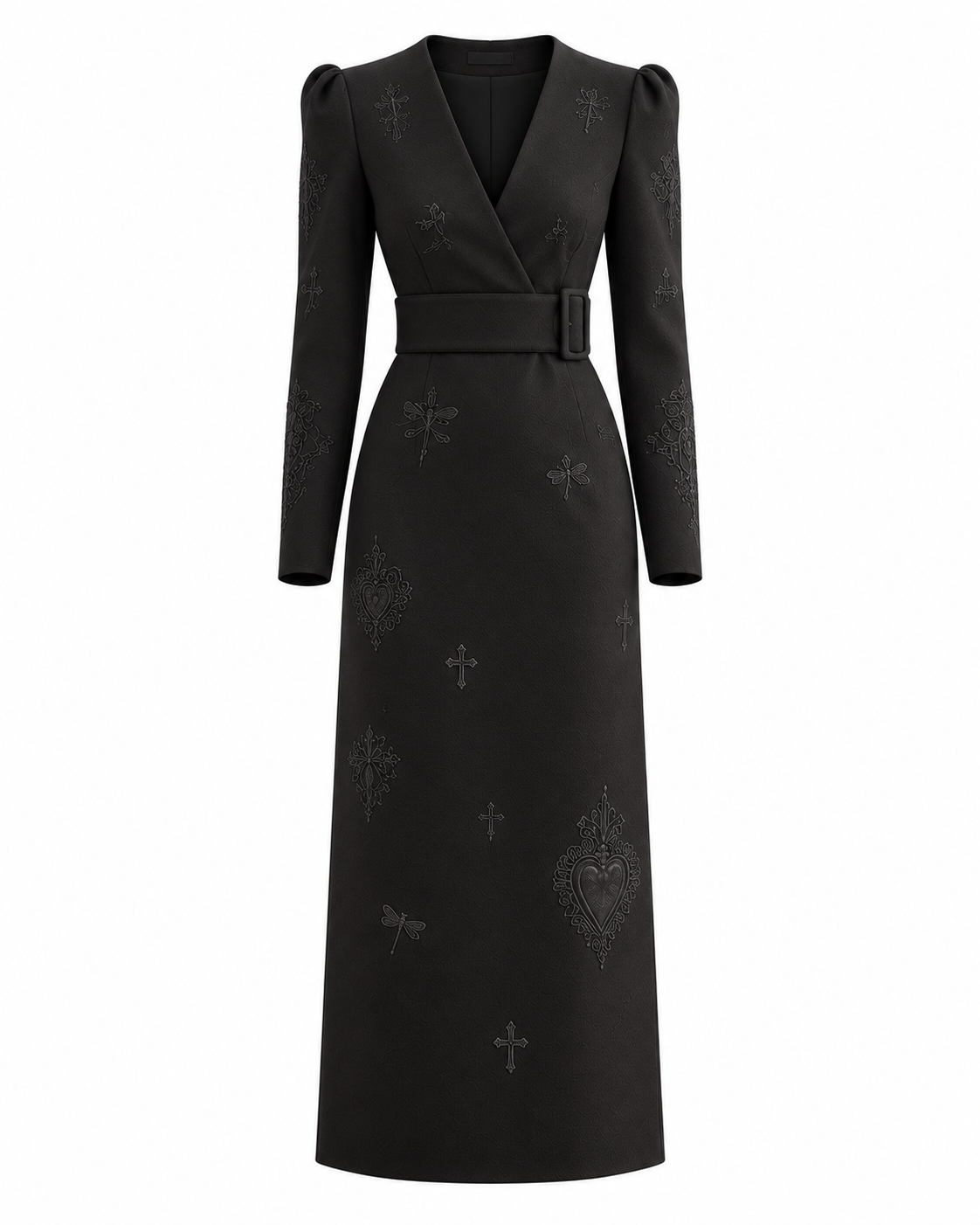 Front ghost-mannequin view of the black belted embroidered midi dress, showing its V neckline, buckled belt and straight skirt.