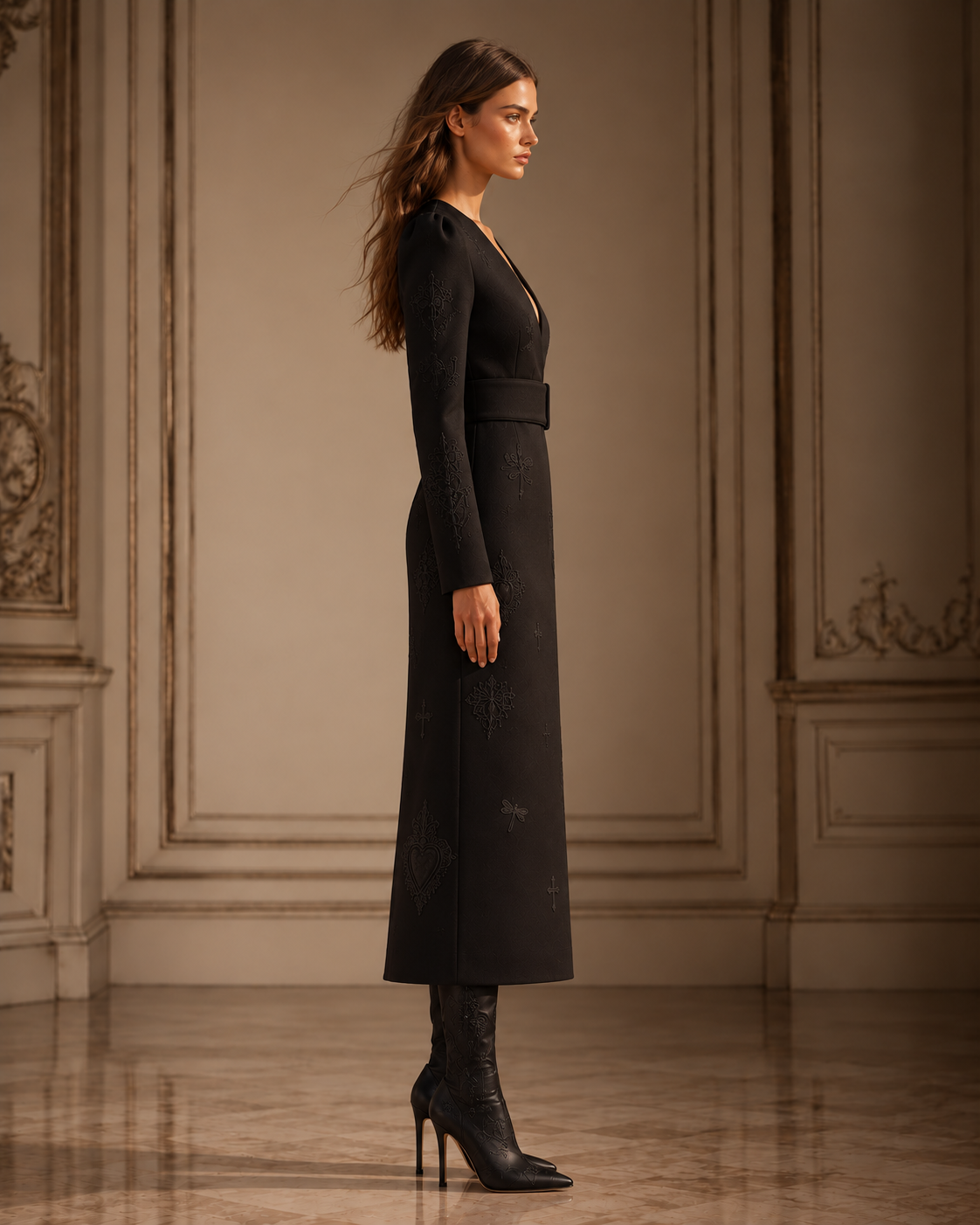 Side view of the black belted embroidered midi dress, showing the long sleeve, defined waist and straight skirt.