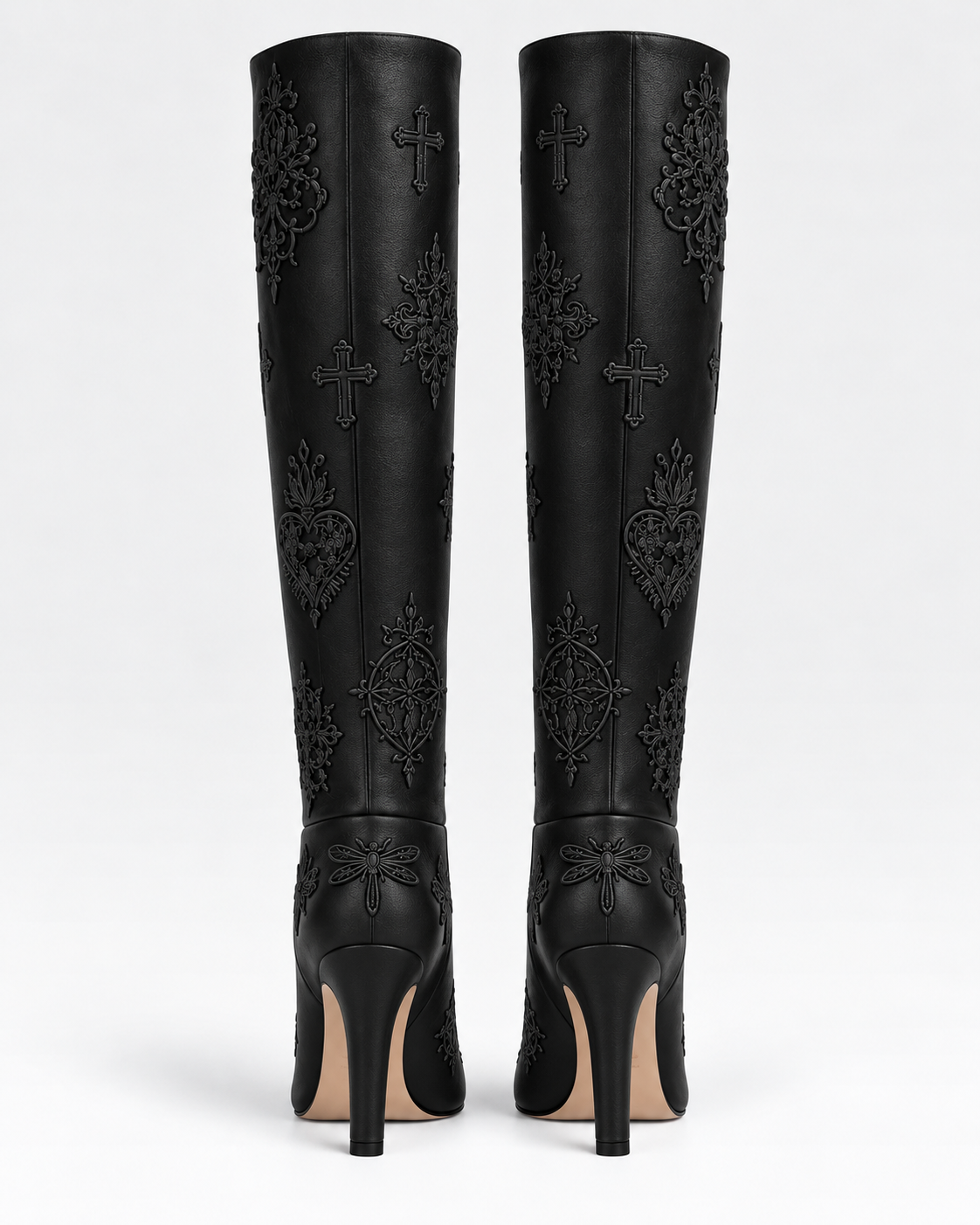 Back view of the black embroidered leather tall boots, showing the shaft seams, tonal embroidery and substantial heels.