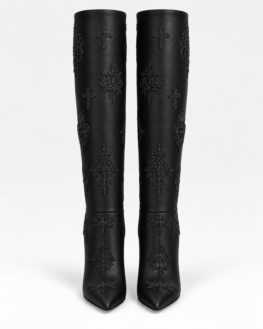 Front view of the black embroidered leather tall boots, showing the tall shafts, pointed toes and tonal embroidery.