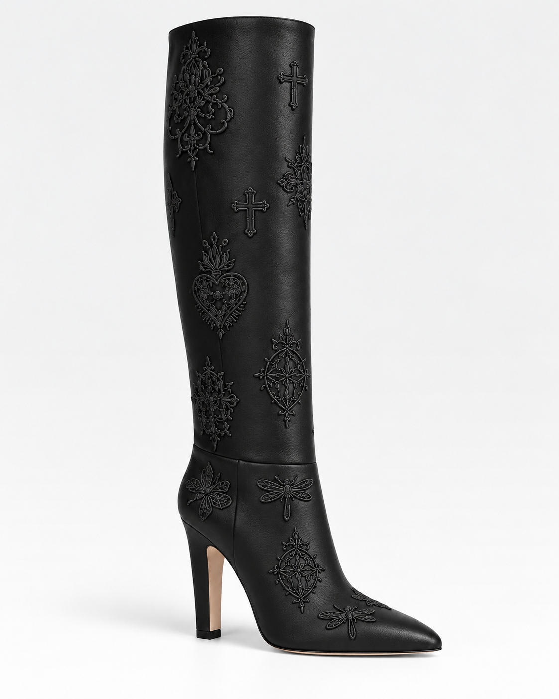 Side view of a black embroidered leather tall boot, showing the substantial heel, pointed toe and shaft construction.