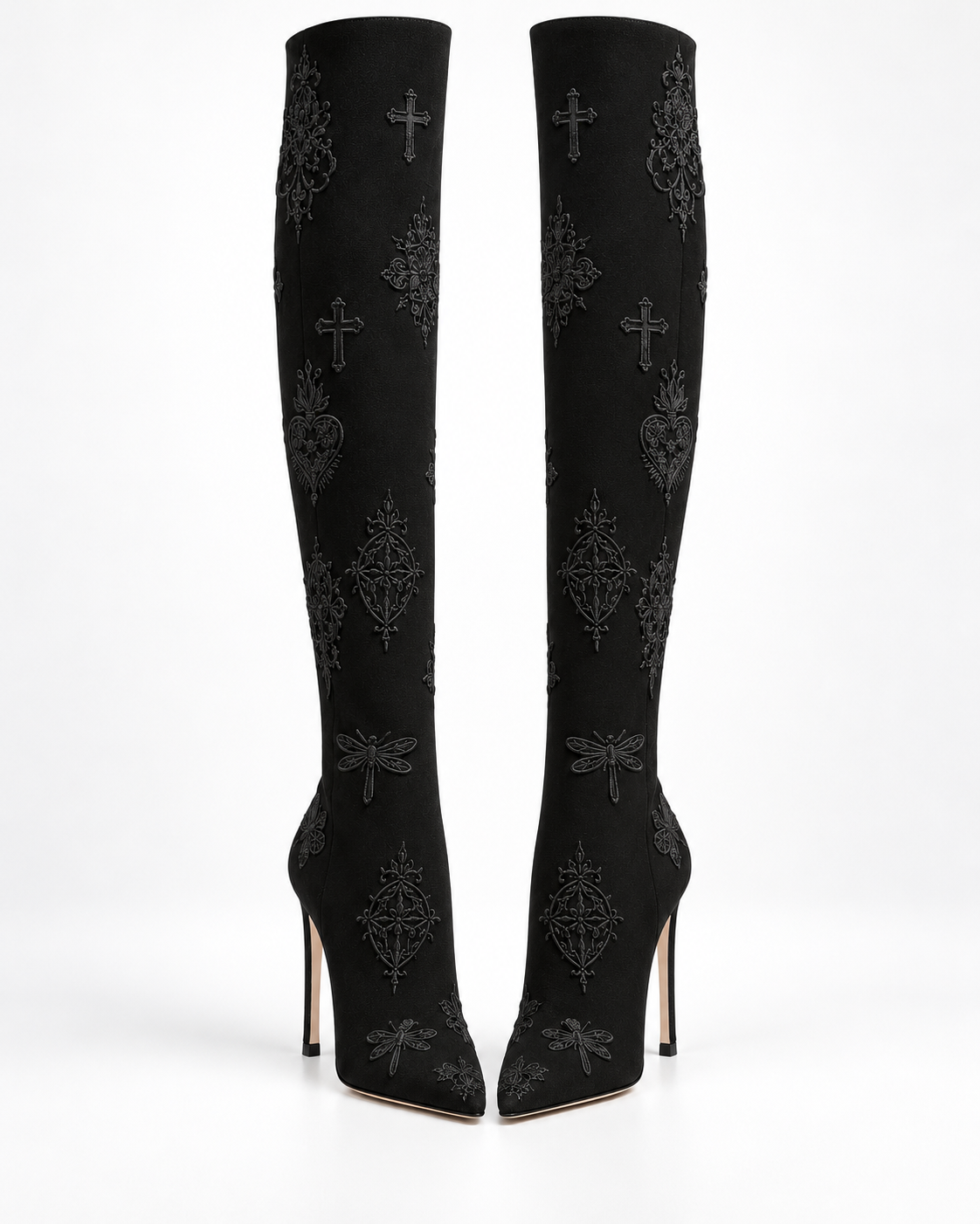 LIGNES D’OMBRE Embroidered Stiletto Tall Boots in Black. Tall shafts, pointed toes and slender stiletto heels carry tonal embroidered motifs.