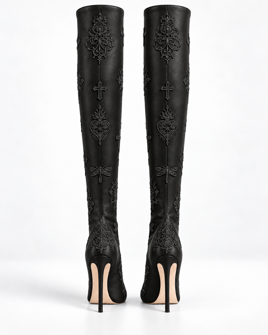 Back view of the black leather embroidered stiletto tall boots, showing the shaft embroidery and slender heels.