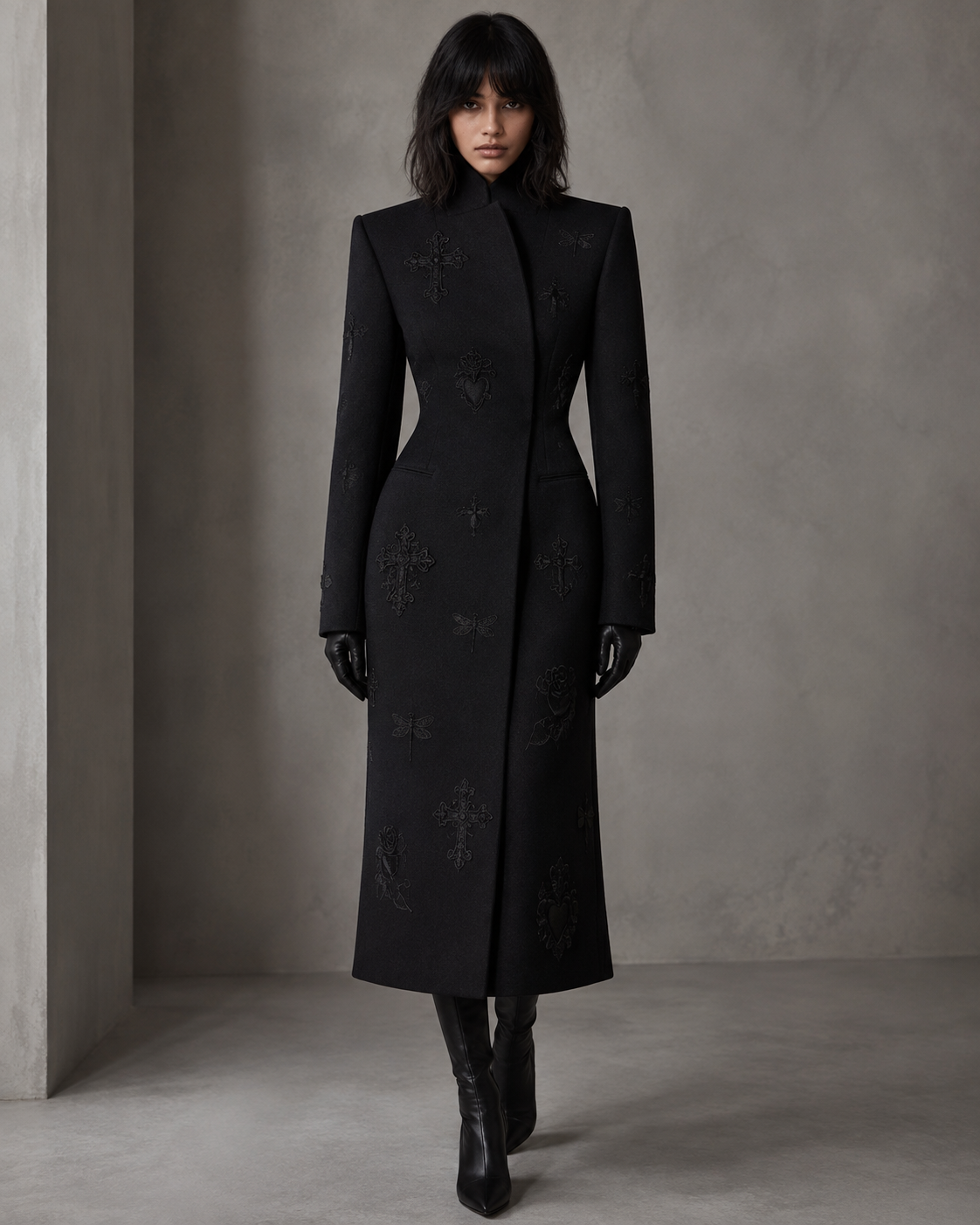 LIGNES D’OMBRE Embroidered Straight-Cut Long Coat in Black. Structured shoulders and a high collar frame an asymmetric front and a long, straight-cut silhouette.