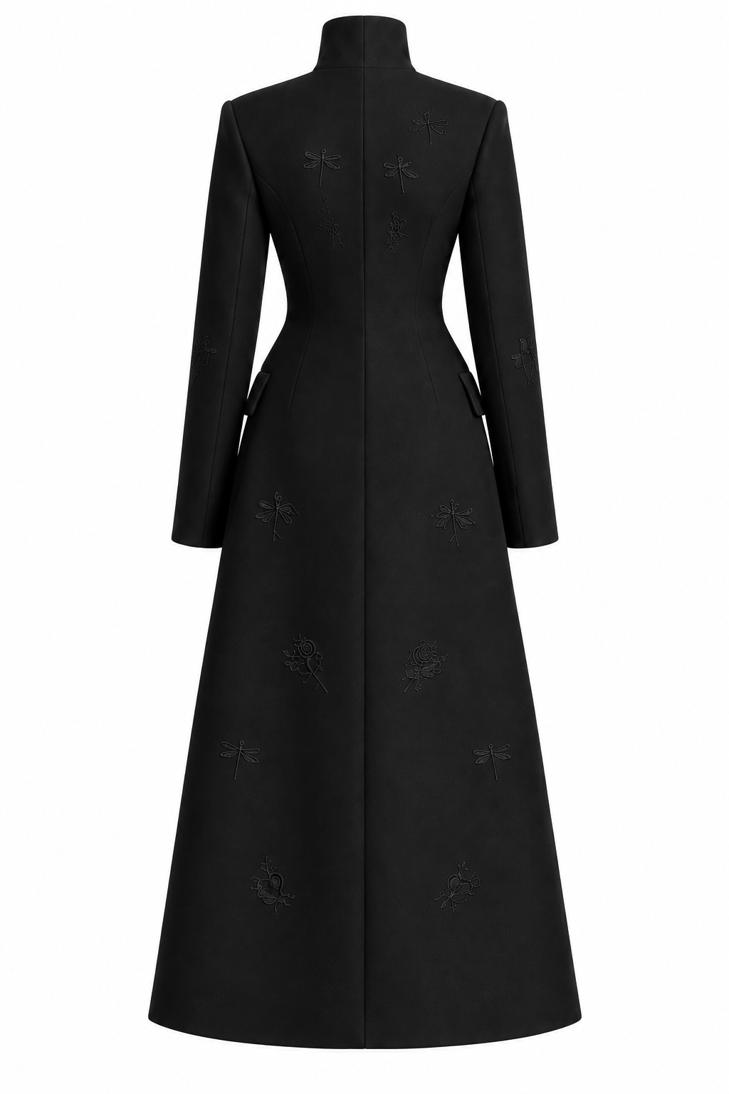 Back ghost-mannequin view of the black high-collar embroidered A-line coat, showing shaped seams and tonal embroidery.