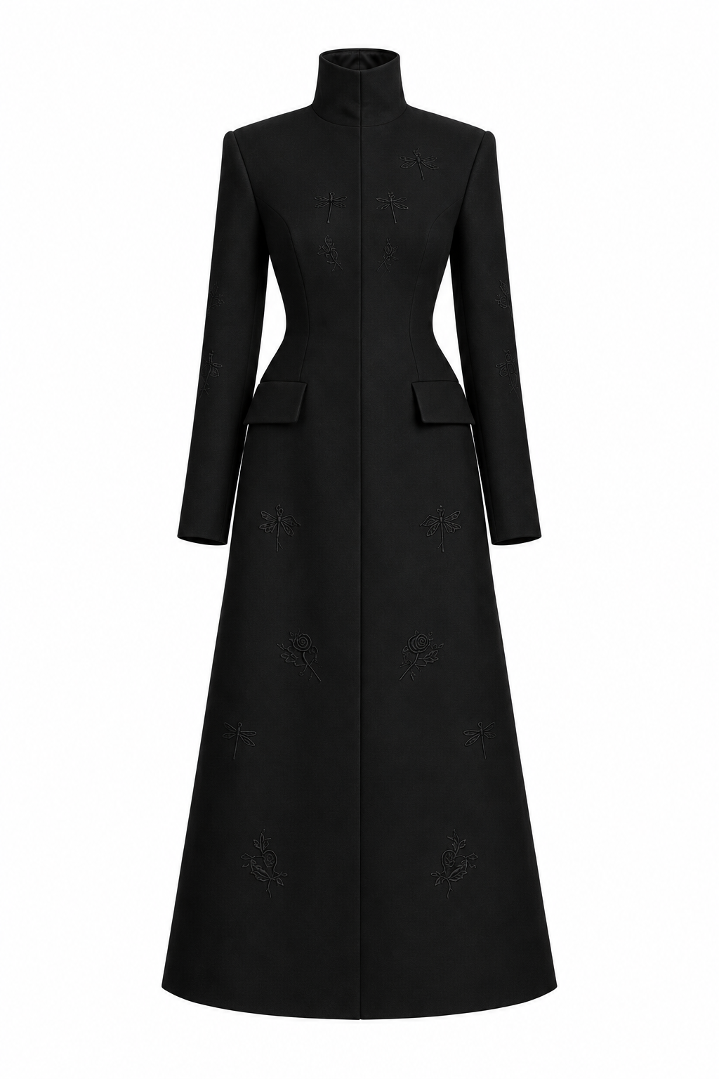 Front ghost-mannequin view of the black high-collar embroidered A-line coat, showing flap pockets and the full silhouette.