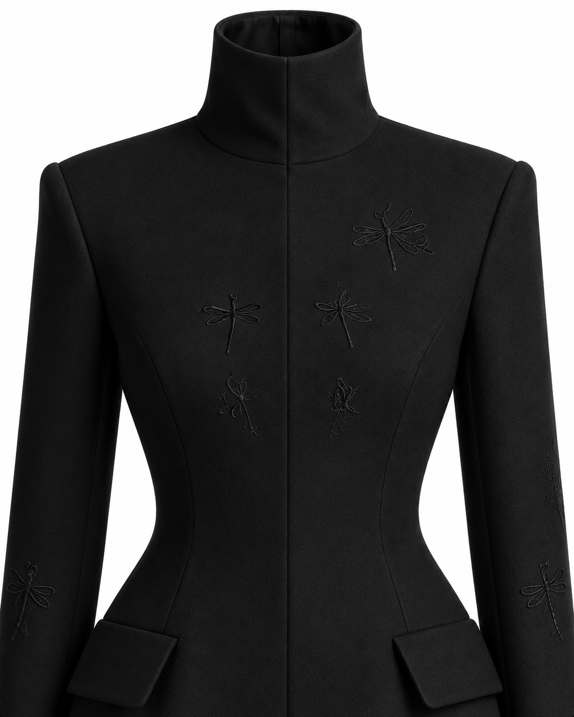 Close-up of the coat’s high collar, shaped bodice seams and tonal dragonfly embroidery.