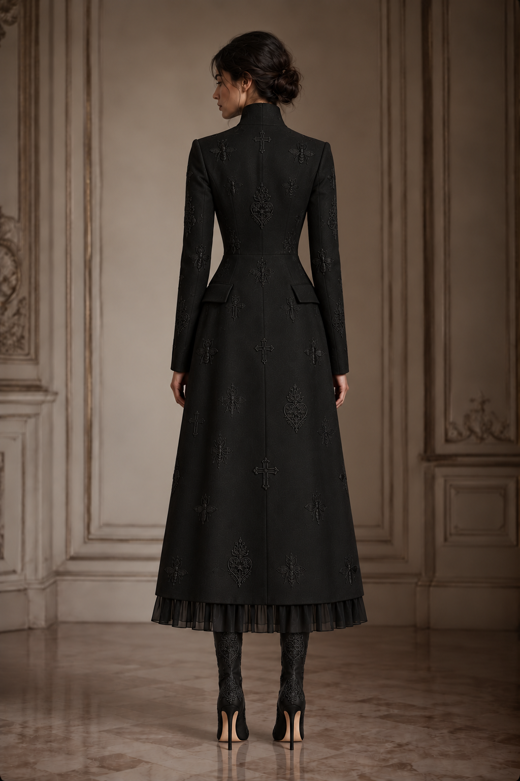 LIGNES D’OMBRE High-Collar Embroidered Ruffle-Hem Midi Dress in Black, full-length back view showing tonal embroidery, shaped seams and the chiffon ruffle hem.