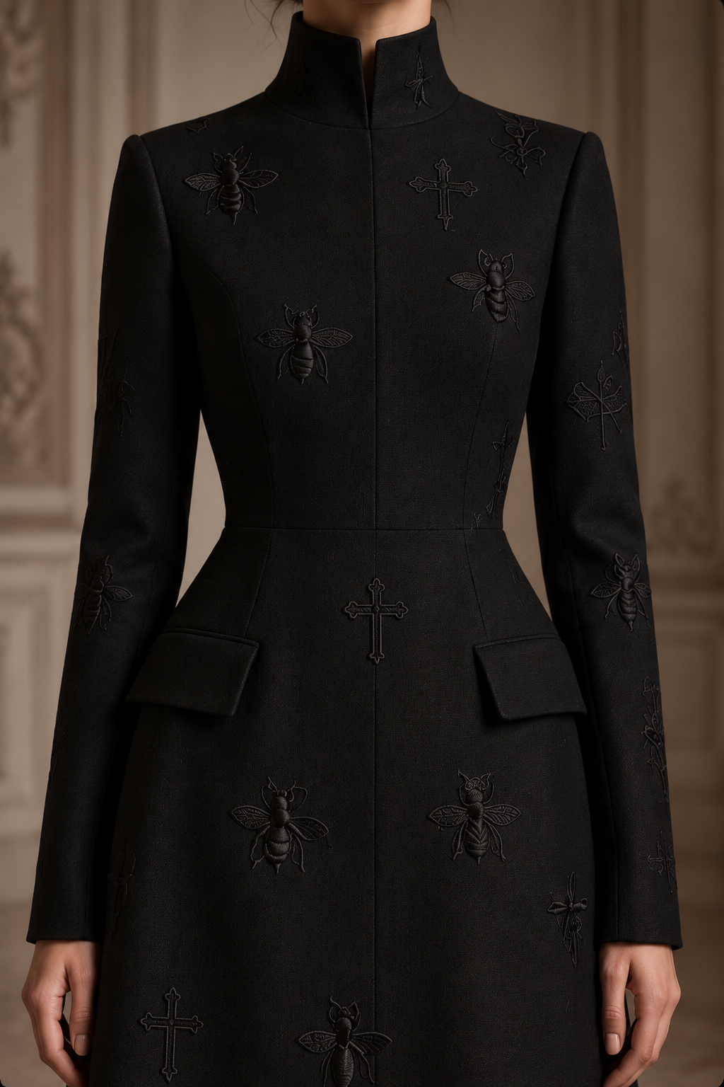 LIGNES D’OMBRE High-Collar Embroidered Ruffle-Hem Midi Dress in Black, close view of the high collar, shaped seams, flap-pocket details and tonal bee and cross embroidery.
