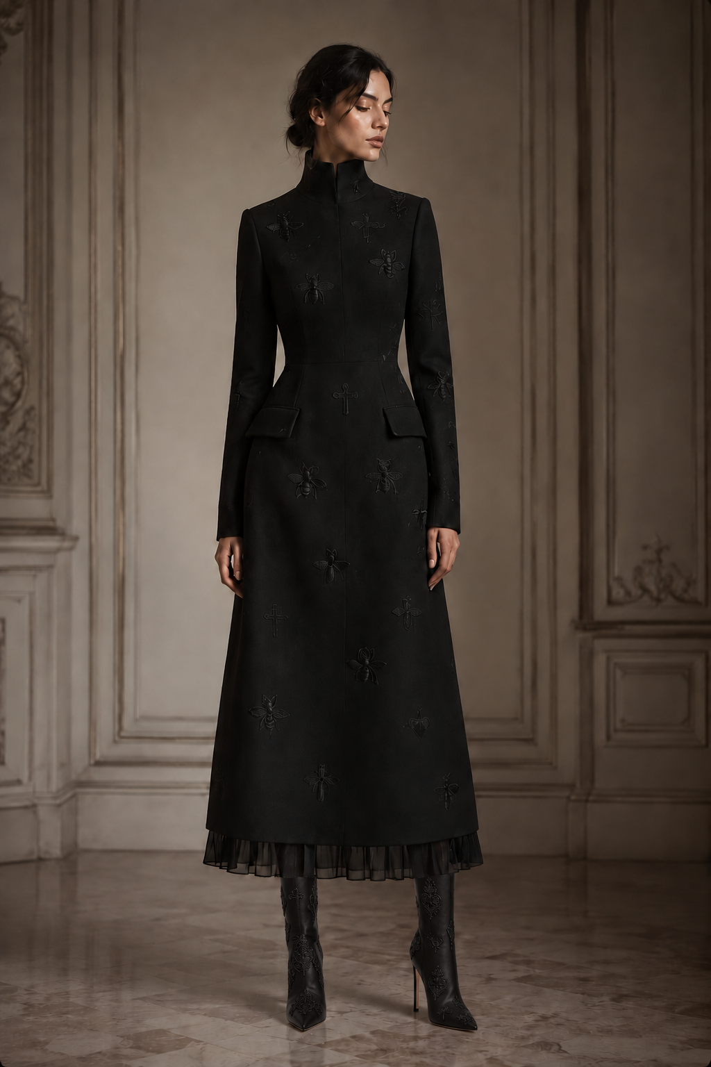 LIGNES D’OMBRE High-Collar Embroidered Ruffle-Hem Midi Dress in Black, front view showing the high collar, long sleeves, tonal embroidery and chiffon ruffle hem, styled with embroidered tall boots.