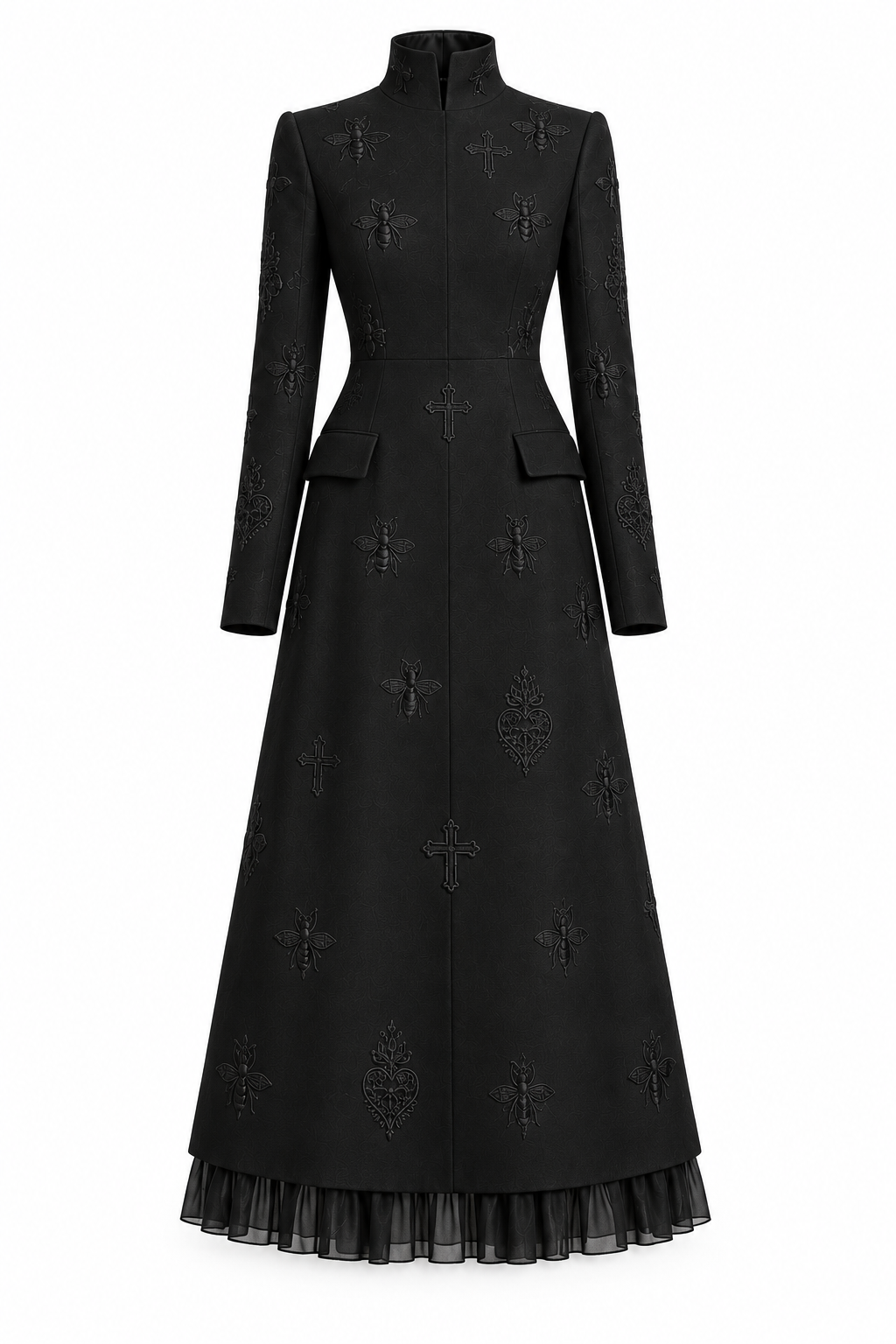 LIGNES D’OMBRE High-Collar Embroidered Ruffle-Hem Midi Dress in Black, front ghost-mannequin view showing the high collar, long sleeves, embroidered midi skirt and chiffon ruffle hem.