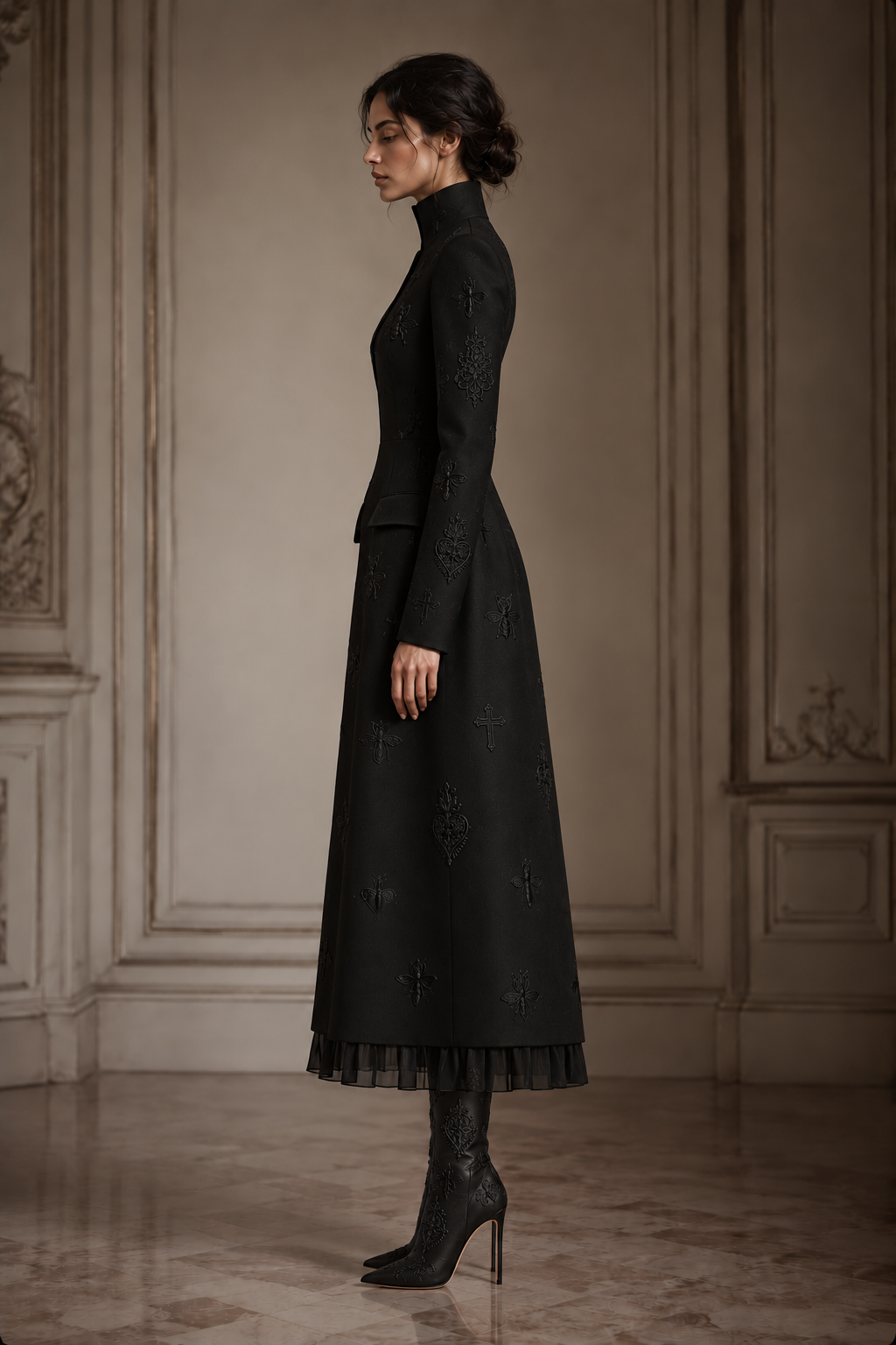LIGNES D’OMBRE High-Collar Embroidered Ruffle-Hem Midi Dress in Black, full-length profile showing the high collar, shaped waist, embroidered skirt and chiffon ruffle hem.