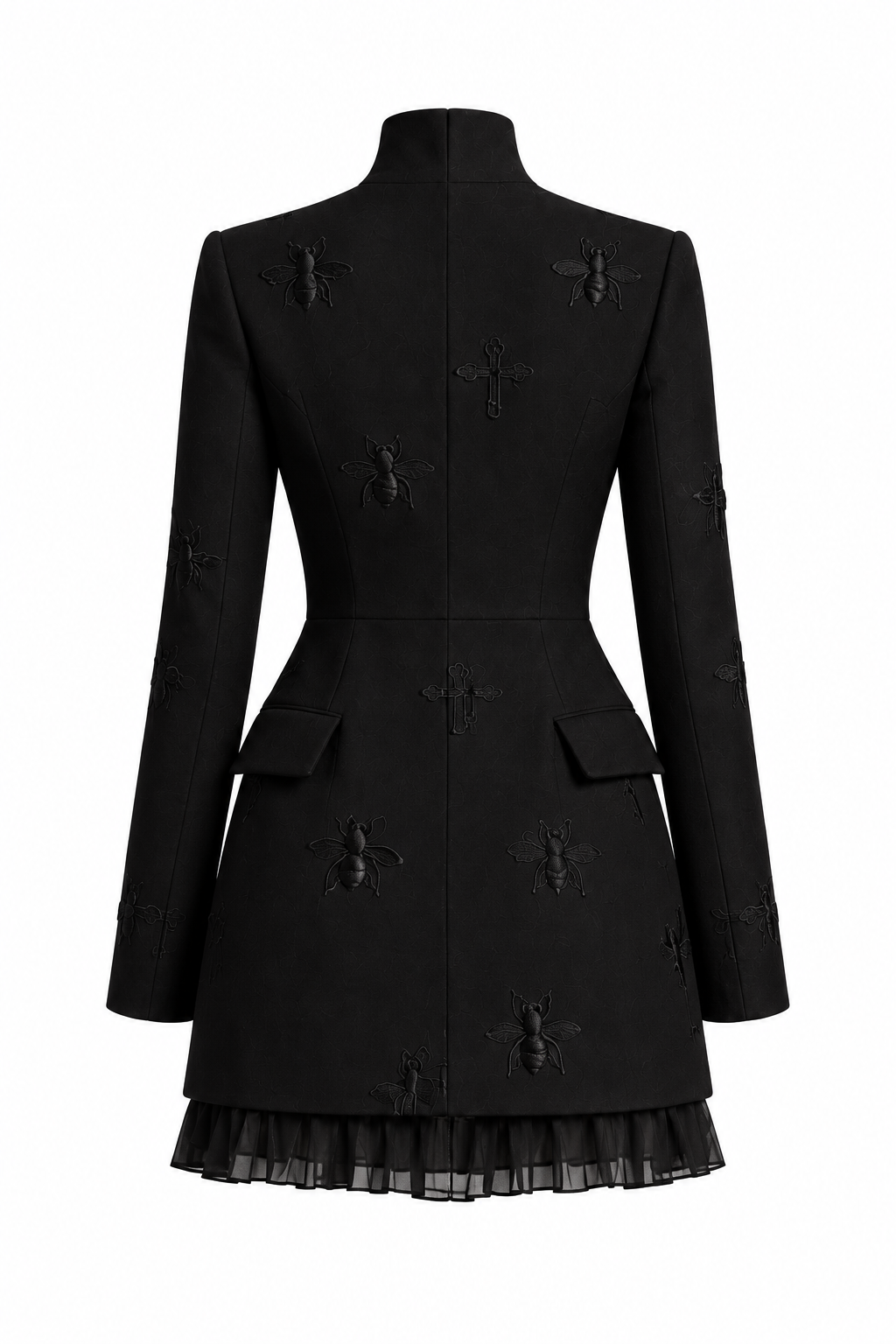 LIGNES D’OMBRE High-Collar Embroidered Ruffle-Hem Mini Dress in Black, back ghost-mannequin view showing tonal embroidery, shaped waist and ruffle hem.