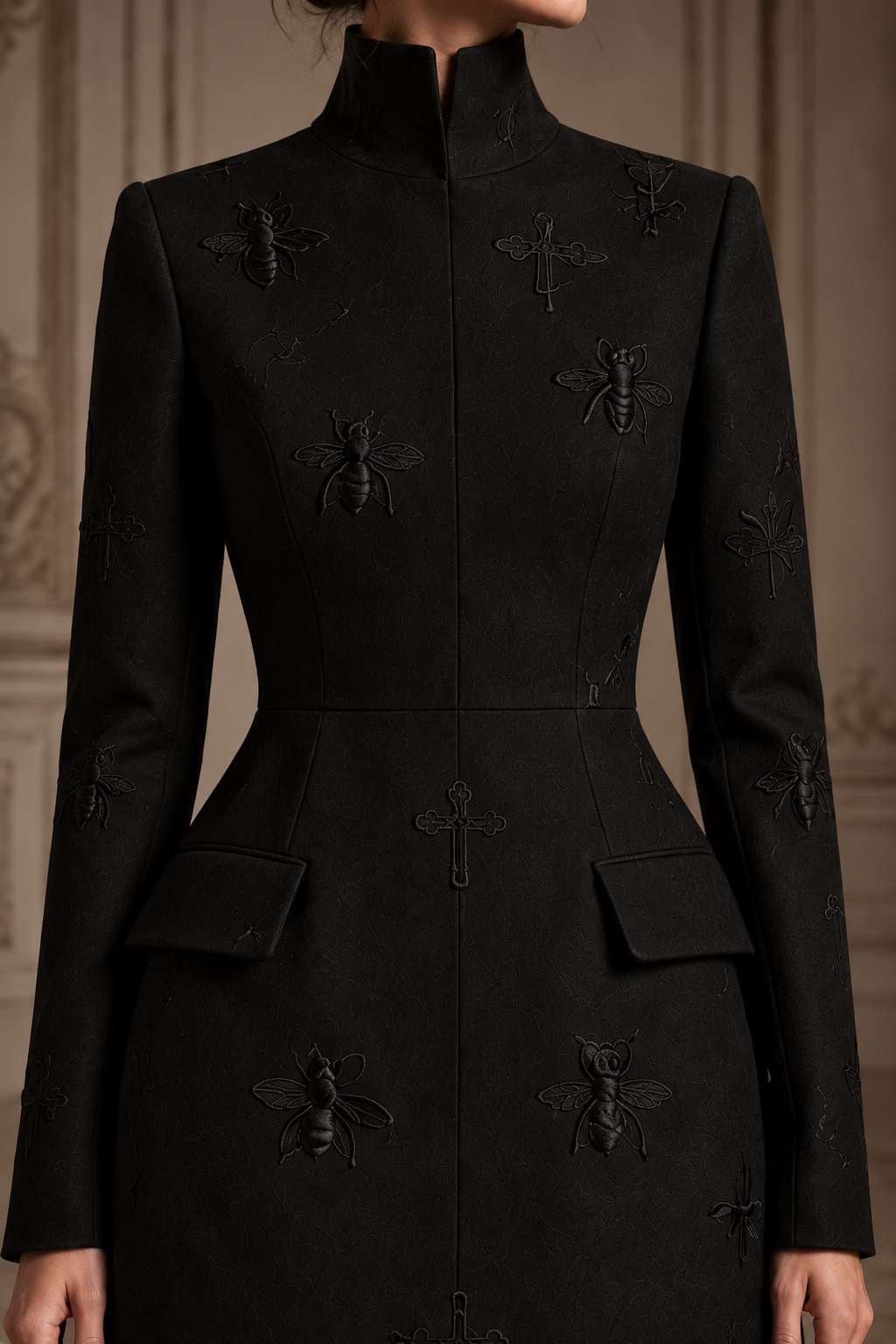 LIGNES D’OMBRE High-Collar Embroidered Ruffle-Hem Mini Dress in Black, close view of the high collar, shaped seams and tonal bee and cross embroidery.
