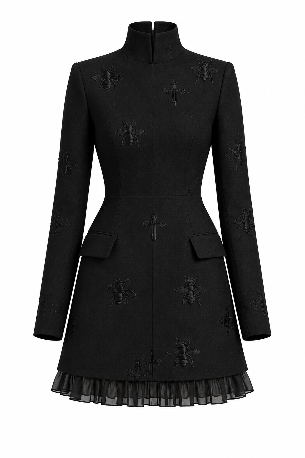 LIGNES D’OMBRE High-Collar Embroidered Ruffle-Hem Mini Dress in Black, front ghost-mannequin view showing the high collar, long sleeves, shaped waist and ruffle hem.