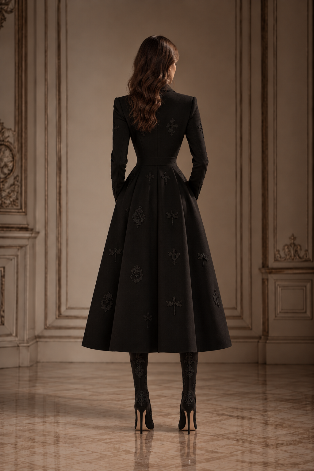 LIGNES D’OMBRE Lapel-Collar Embroidered A-Line Dress in Black, full-length back view showing structured shoulders, long sleeves, waistband and embroidered A-line skirt.