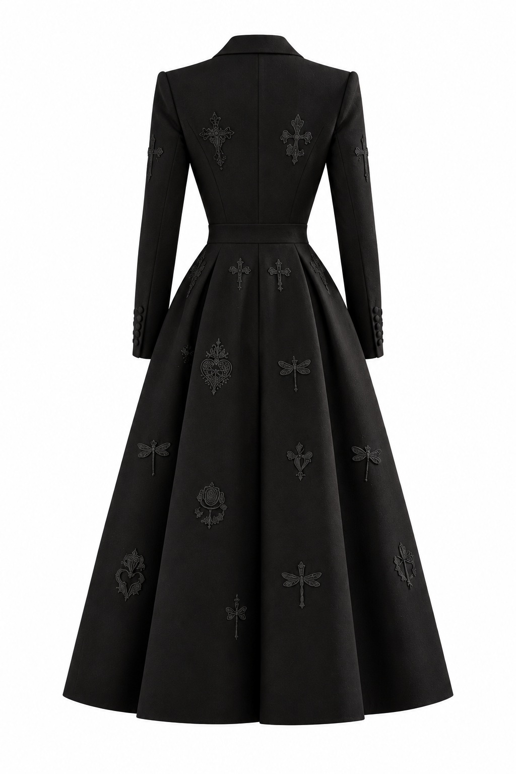 LIGNES D’OMBRE Lapel-Collar Embroidered A-Line Dress in Black, back ghost-mannequin view showing the back collar, shaped bodice, waistband and embroidered skirt.