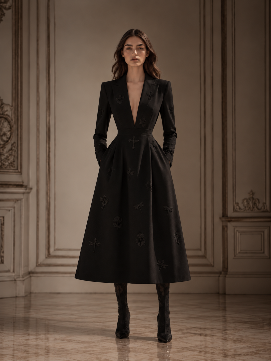 LIGNES D’OMBRE Lapel-Collar Embroidered A-Line Dress in Black, front view showing tailored lapels, long sleeves, a defined waistband and full embroidered midi skirt.