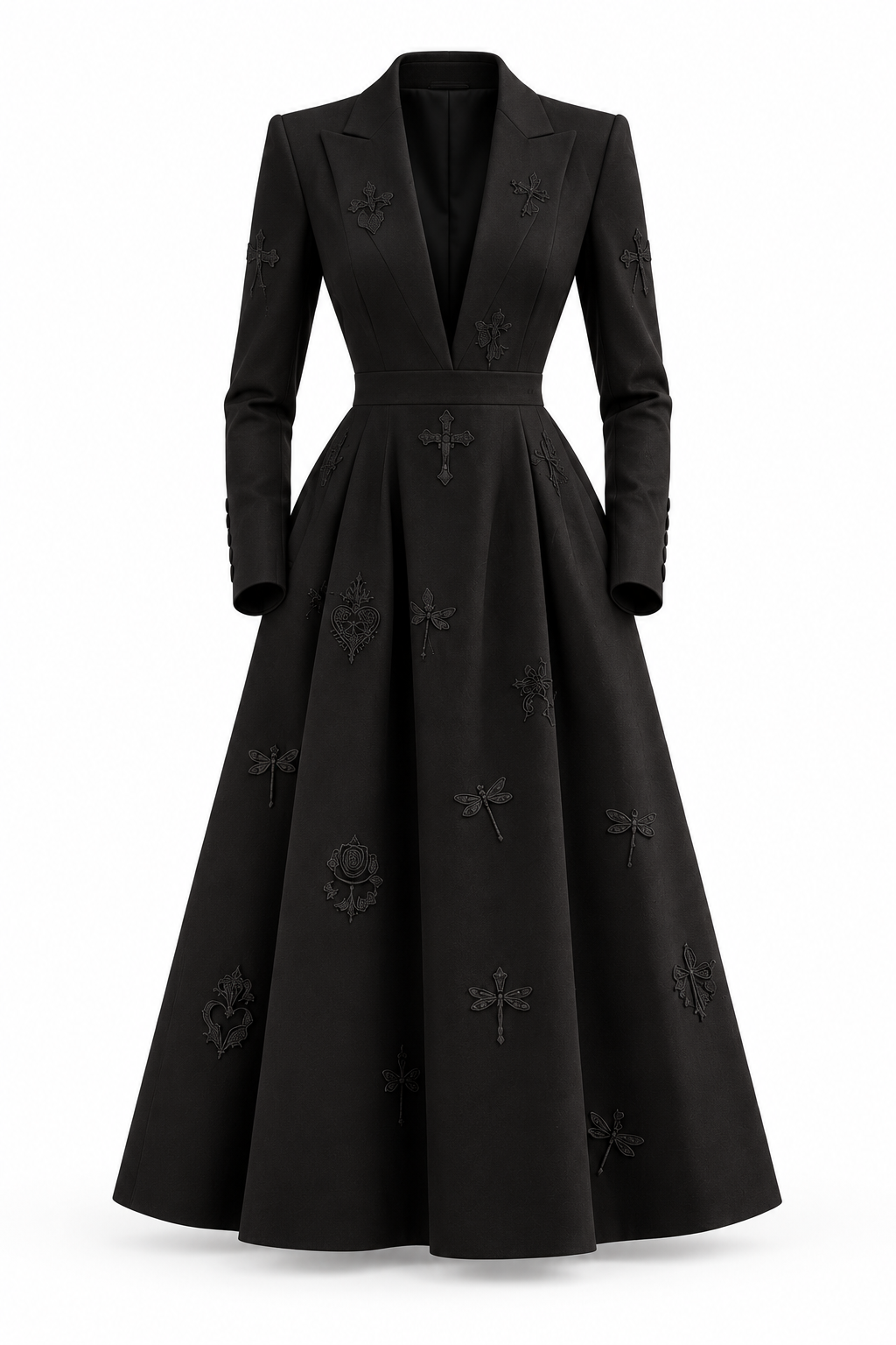 LIGNES D’OMBRE Lapel-Collar Embroidered A-Line Dress in Black, front ghost-mannequin view showing tailored lapels, long sleeves, waistband and full embroidered skirt.