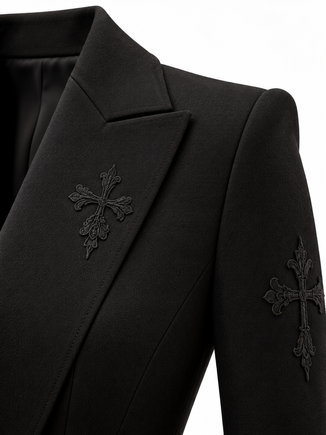 LIGNES D’OMBRE Lapel-Collar Embroidered A-Line Dress in Black, close view of the tailored lapel, structured shoulder and tonal embroidery.