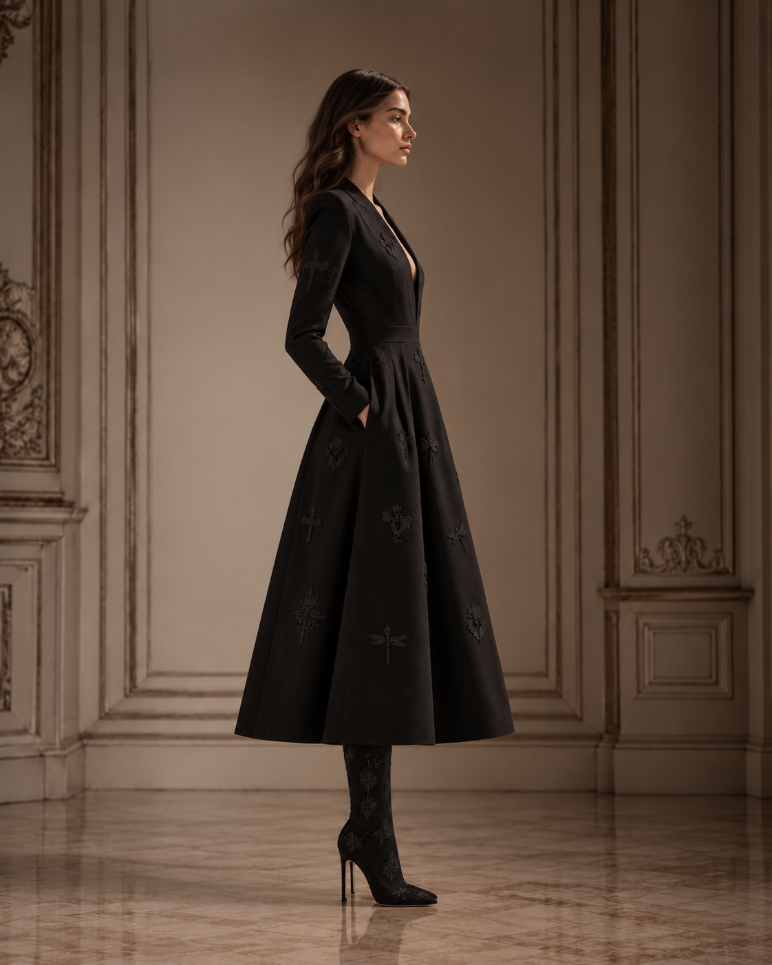 LIGNES D’OMBRE Lapel-Collar Embroidered A-Line Dress in Black, full-length profile showing the lapel neckline, shaped waist and flared embroidered skirt.
