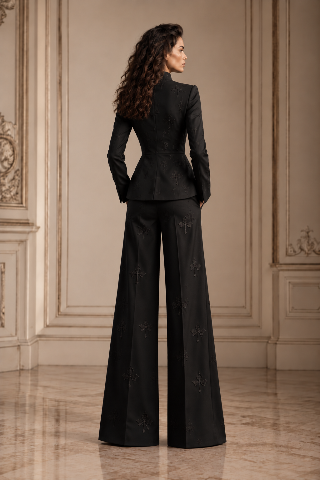 Back view of the black embroidered silk satin trouser suit on a model, showing the fitted jacket and wide-leg trousers.