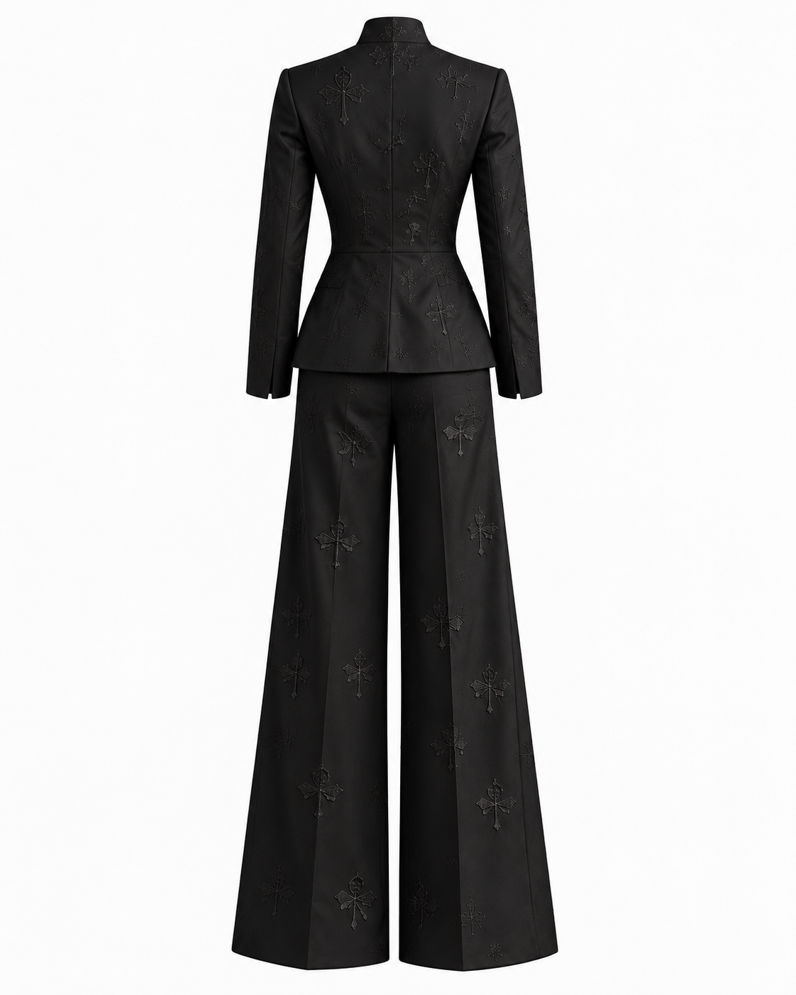 Back ghost-mannequin view of the black silk satin trouser suit, showing jacket shaping and tonal embroidery across both pieces.