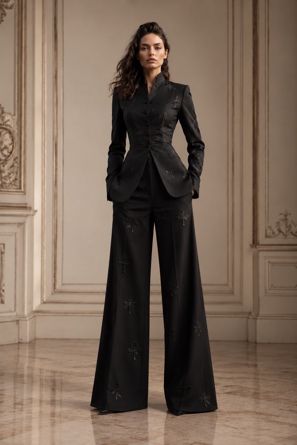 Front view of the black LIGNES D’OMBRE silk satin trouser suit, showing a fitted stand-collar jacket, tonal embroidery and wide-leg trousers.
