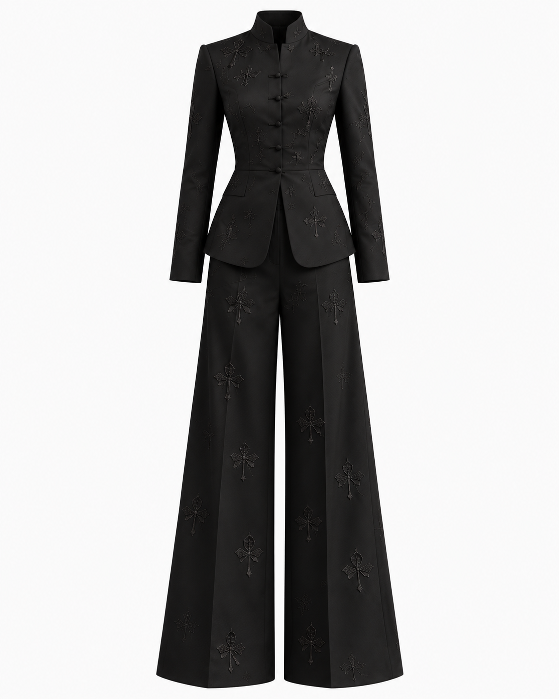 Front ghost-mannequin view of the embroidered silk satin stand-collar jacket and wide-leg trousers.