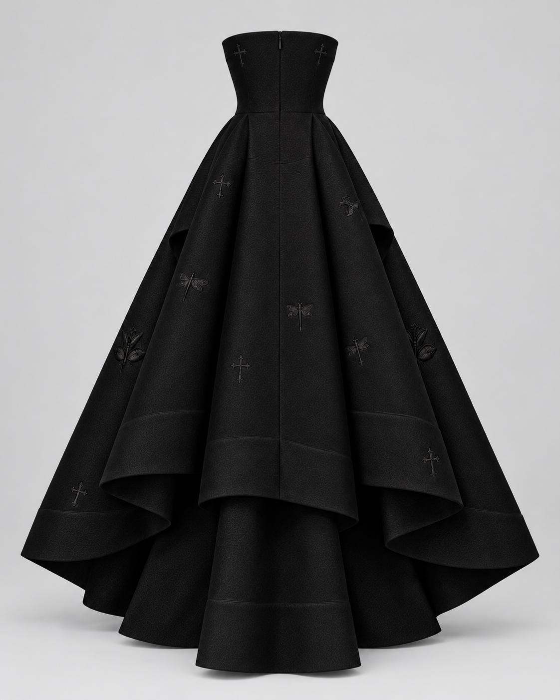 Back ghost-mannequin view of the black strapless embroidered gown, showing the centre-back zip and long full skirt.