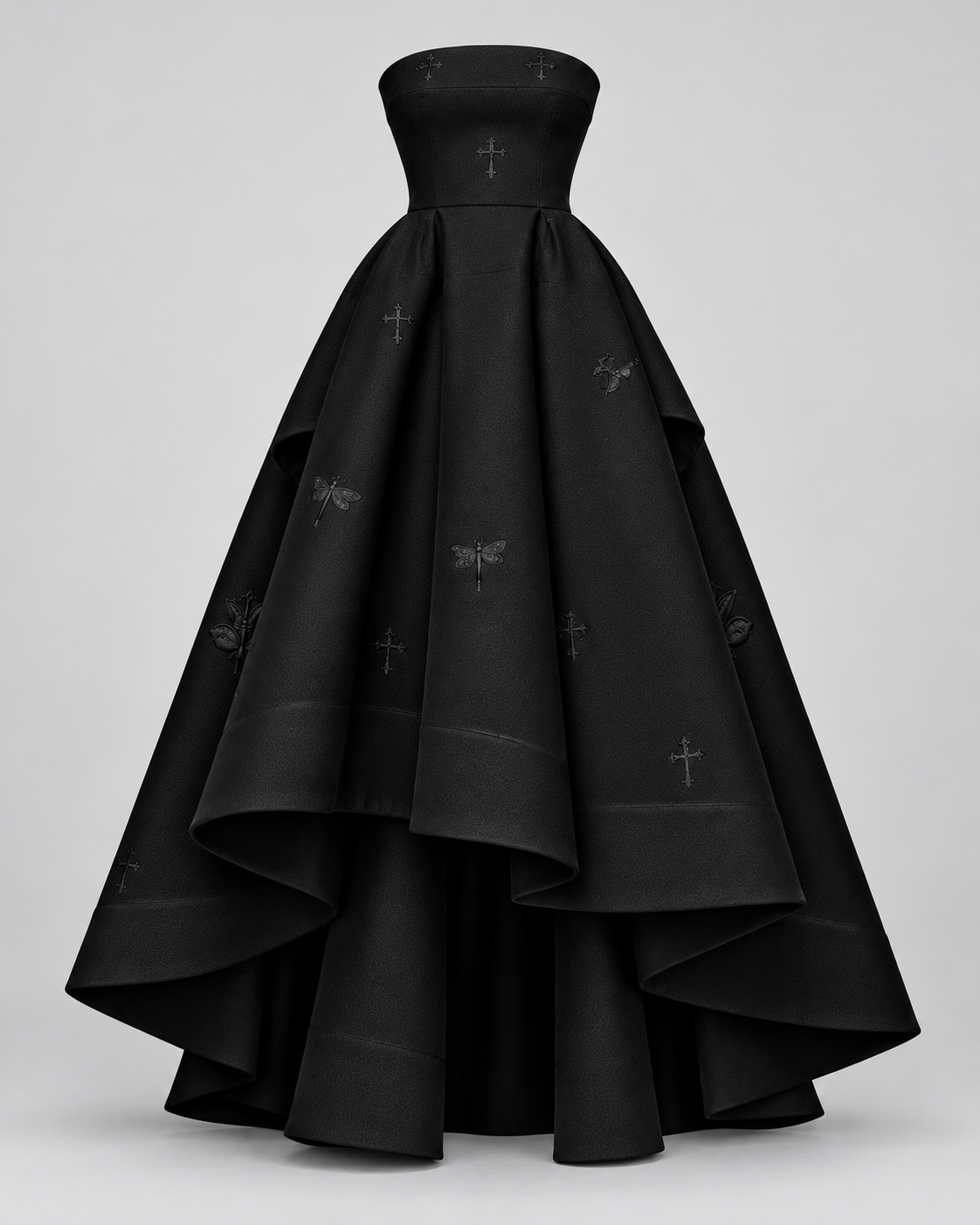 Front ghost-mannequin view of the black strapless embroidered gown, showing the fitted bodice, full skirt and shorter front hem.