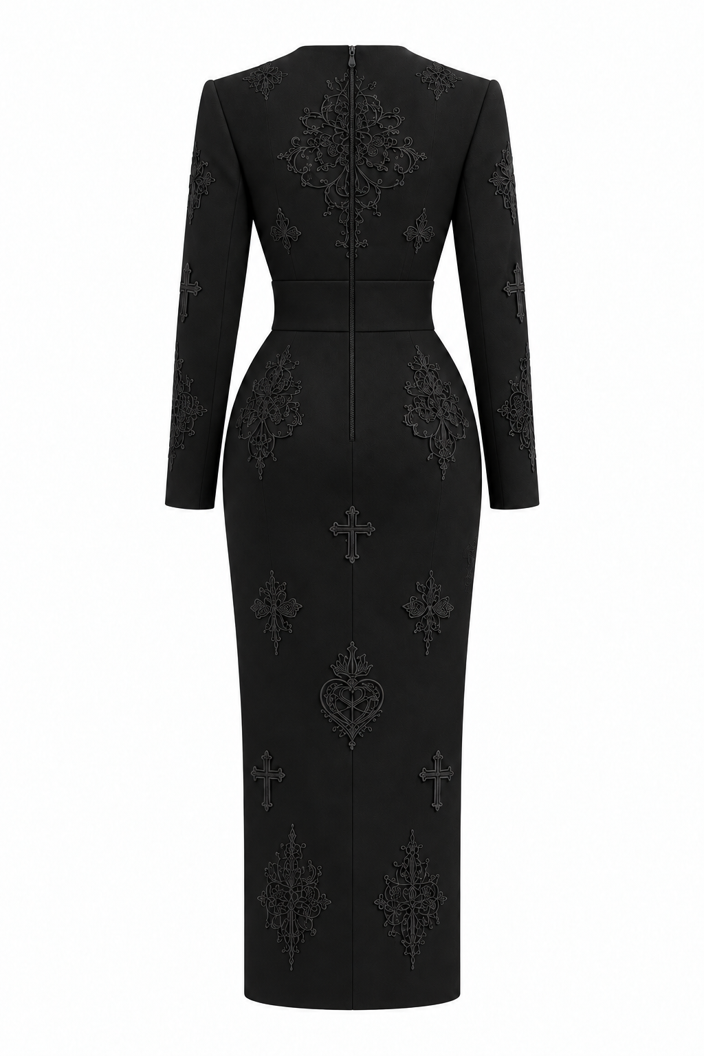 Back ghost-mannequin view of the black embroidered column dress, showing the centre-back zip, waistband and embroidery.