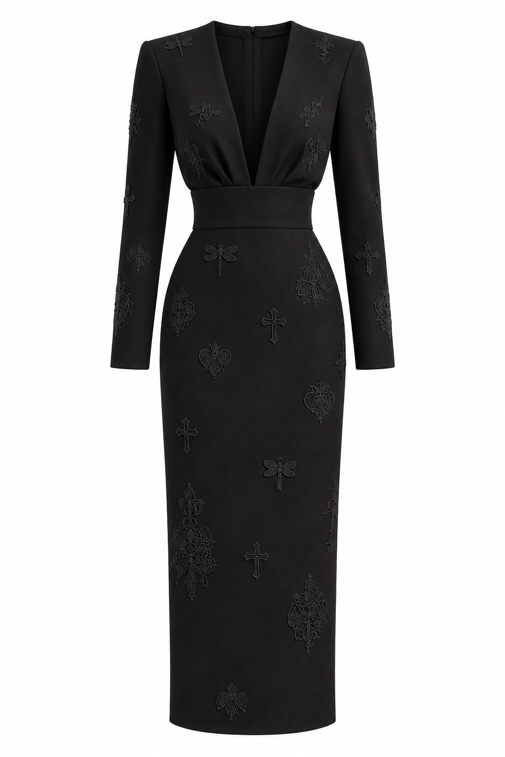 Front ghost-mannequin view of the black V-neck embroidered column dress, showing its waistband and straight midi skirt.