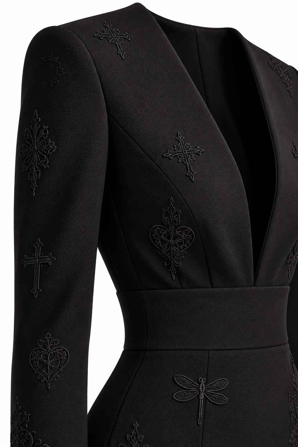 Close-up of the V neckline, shoulder and long sleeve, showing the black fabric texture and tonal embroidery.