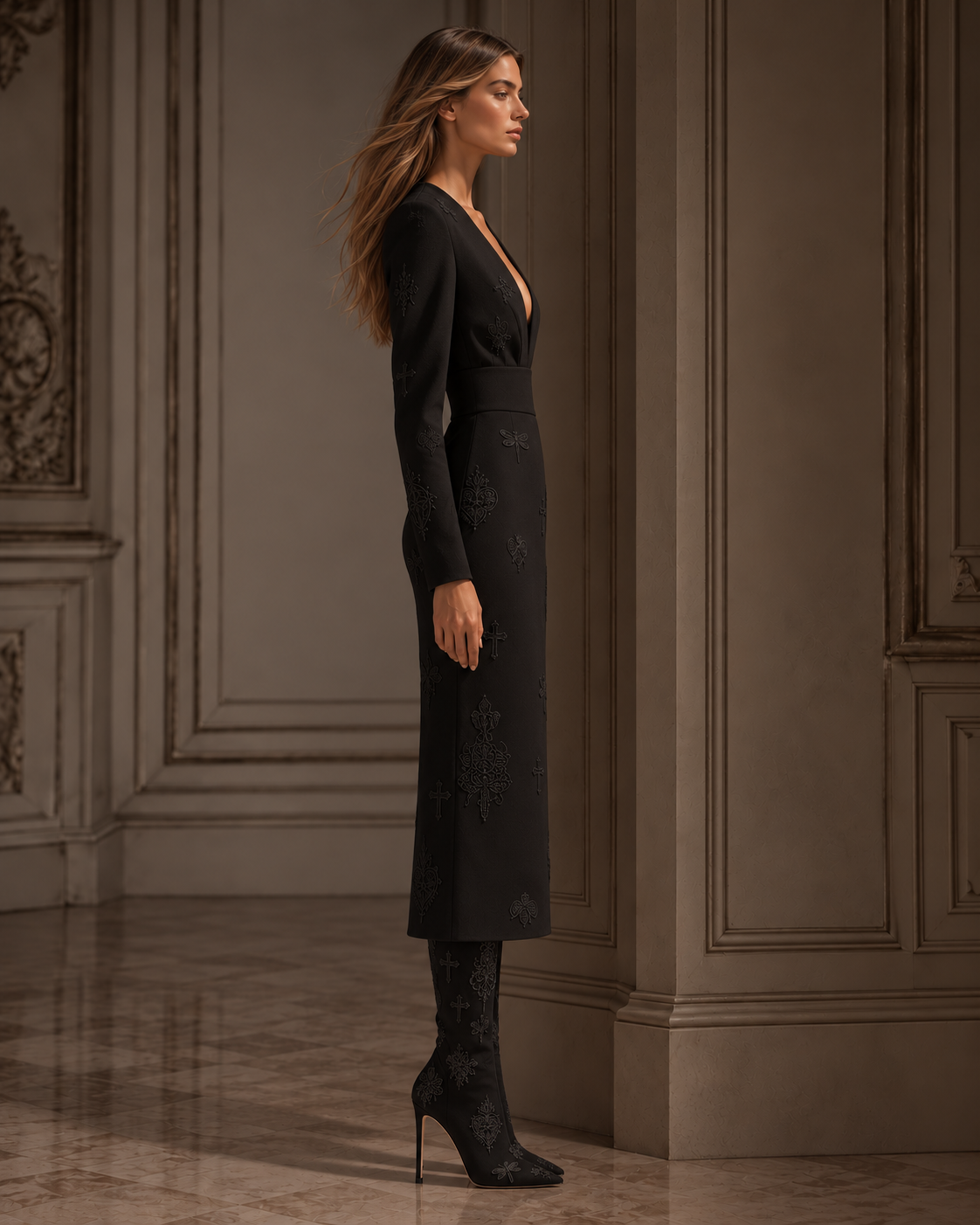 Side view of the black embroidered column dress, showing the long sleeve, fitted waist and straight midi silhouette.