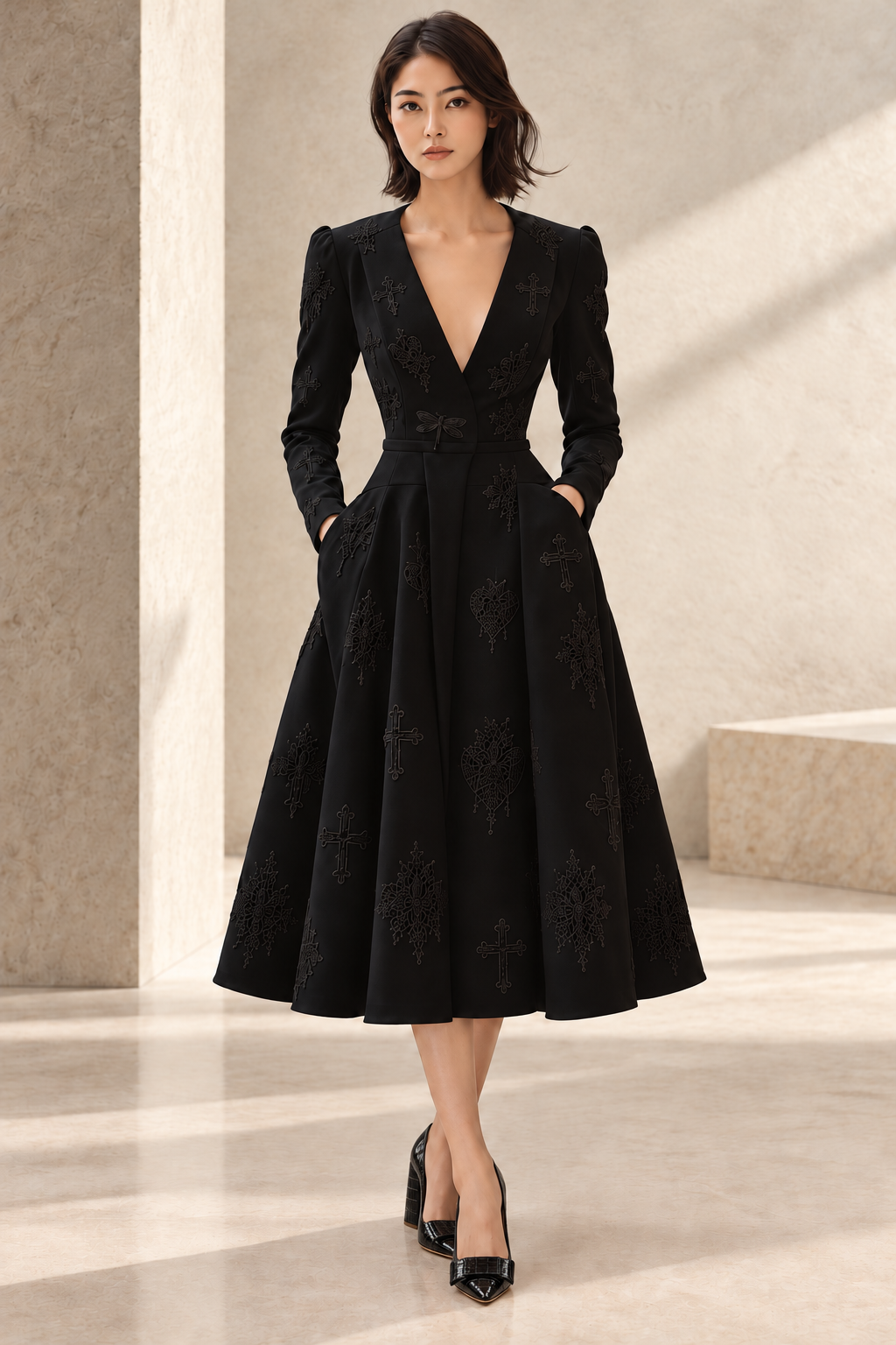 LIGNES D’OMBRE V-Neck Embroidered Full-Skirt Dress in Black, front view showing the V neckline, gathered shoulders, long sleeves and full embroidered midi skirt.
